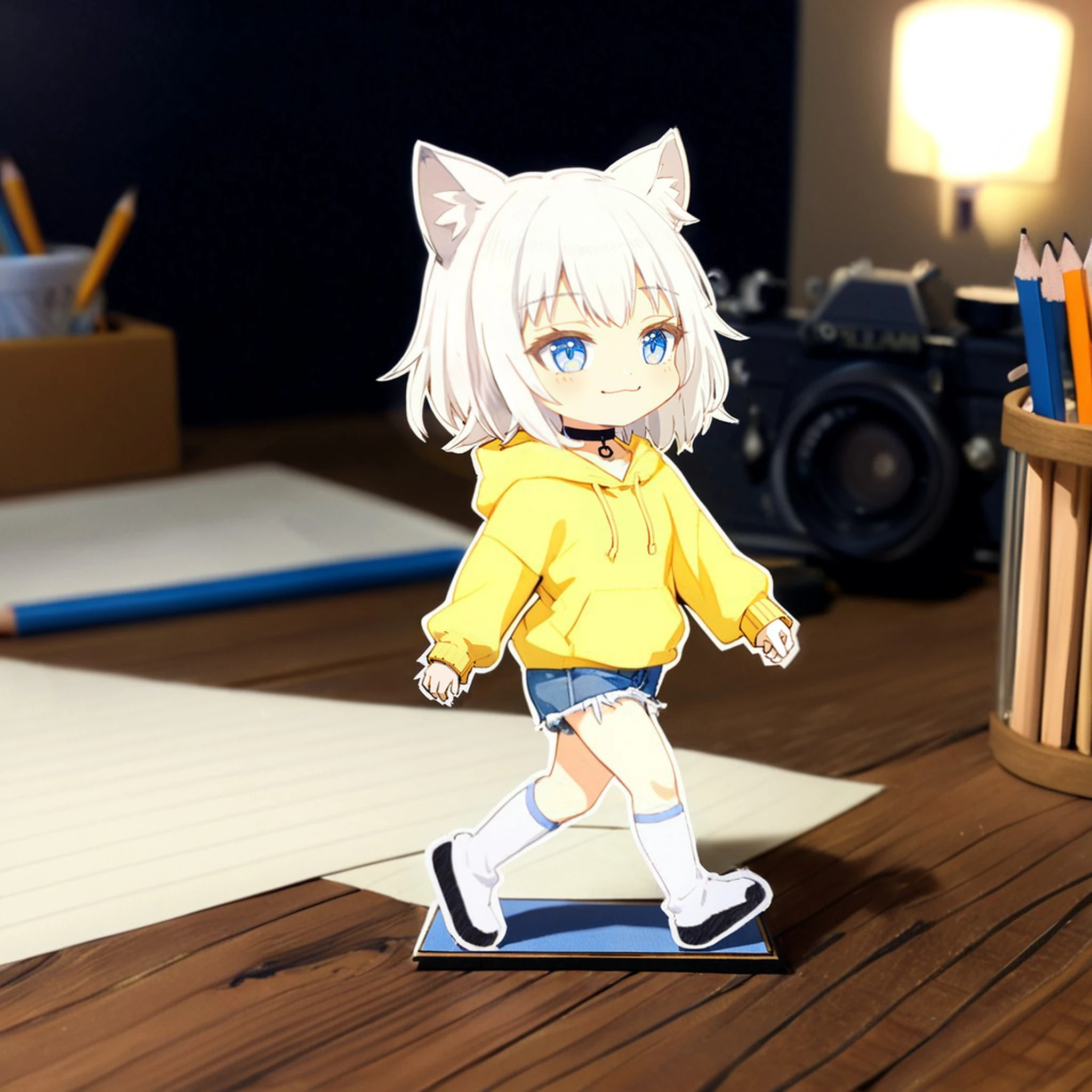 raw photo, film photo, film grain, cinematic lighting, masterpiece, best quality, hires, 
girl, white hair, cat ears, wolf cut, blue eyes, black choker, yellow oversized hoodie, denim shorts, white socks, small breasts, smile,  walking, relaxing, 
on wooden desk, blurry background, paper child, pencil on desk ,pencil stand,simple background
<lora:Paper_child:0.8>,<lora:Wolf_Cut:0.8>