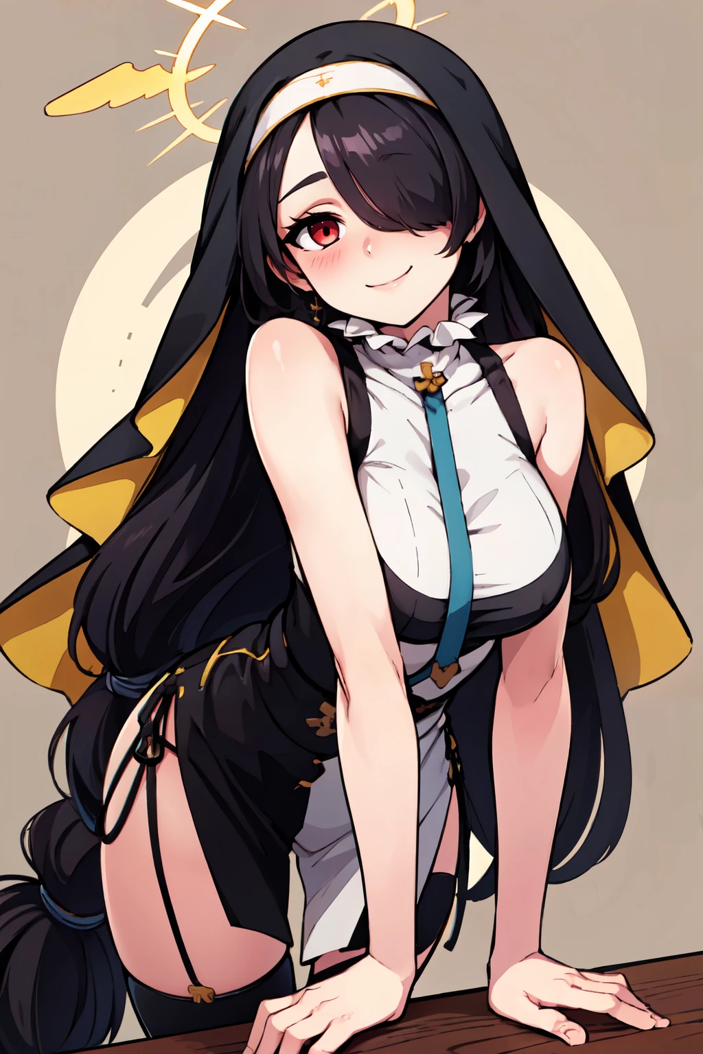 ((masterpiece,best quality)), absurdres,  BREAK, , <lora:Hinata_BlueArchive_Citron:0.8>, zzHinata, red eye, hair over one eye, black hair, long hair, halo, nun, white thighhighs, boots, , BREAK, leaning forward, head tilt, blush, upper body,, BREAK, solo, smile, looking at viewer, cowboy shot,