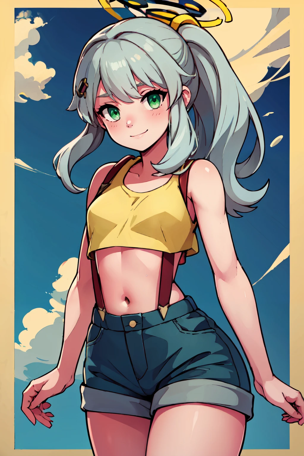 ((masterpiece,best quality)), absurdres, BREAK, , <lora:Hare_BlueArchive_Citron:0.8>, zzHare, green eyes, grey hair, long hair, ponytail, halo, cross hair ornament, , BREAK, <lora:Misty_Pokemon_Cosplay_v3:0.8>, misty (pokemon) (cosplay), yellow crop top, suspenders,, BREAK, solo, smile, looking at viewer, cowboy shot,