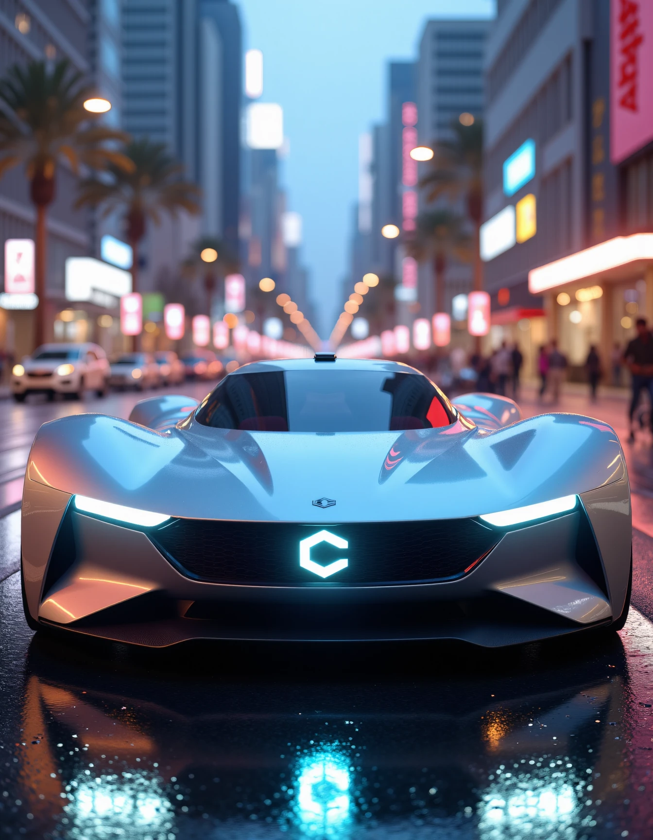 sleek, futuristic car with a metallic, glossy finish. The car is styled like a modern sports car with sharp lines, dynamic curves, and low ground clearance. On the front grille glowing civitaiLogo prominently as the manufacturer's symbol. The scene is set on a futuristic city street at dusk, with reflections of neon lights from surrounding skyscrapers shining off the car's surface.
<lora:civitaiLogoFlux:1>