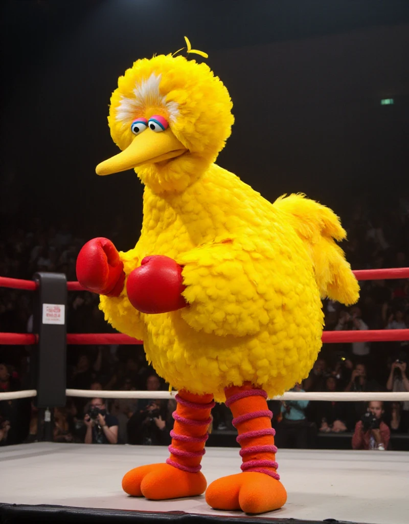 BigBird wears boxing gloves and is on a boxing ring. He is filled with rage <lora:BigBird:0.9>