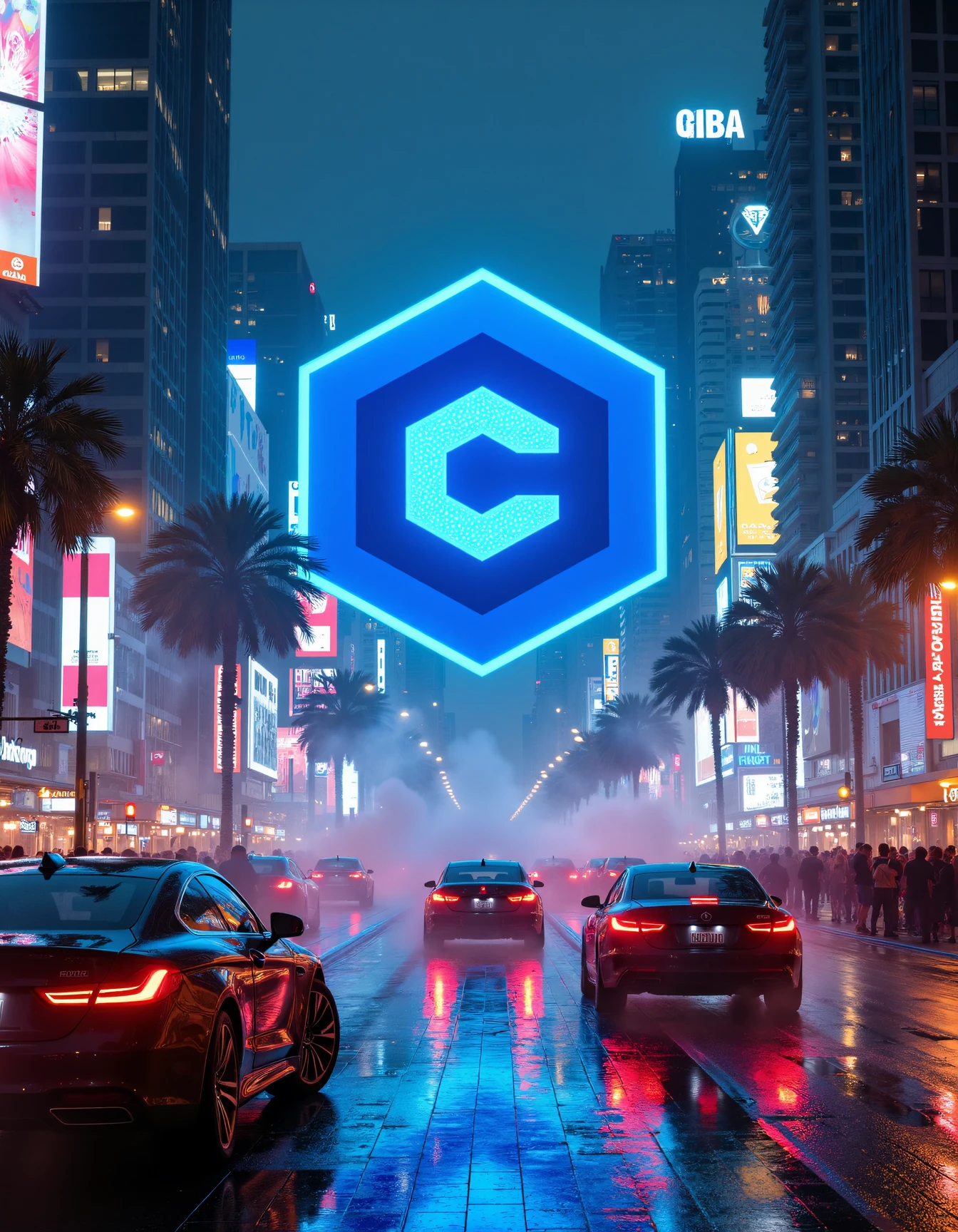 A bustling cyberpunk cityscape at night, filled with towering skyscrapers illuminated by vibrant neon lights and holographic displays. In the foreground, a large, glowing neon sign features a detailed, futuristic civitaiLogo logo in electric blue, casting a soft glow on the wet pavement below. The scene is alive with flying cars, steam rising from the streets, and crowds of people in futuristic outfits. The city is filled with colorful streetlights, billboards, and other neon signs, creating a moody, high-tech atmosphere that captures the essence of a futuristic metropolis.
<lora:civitaiLogoFlux:1>