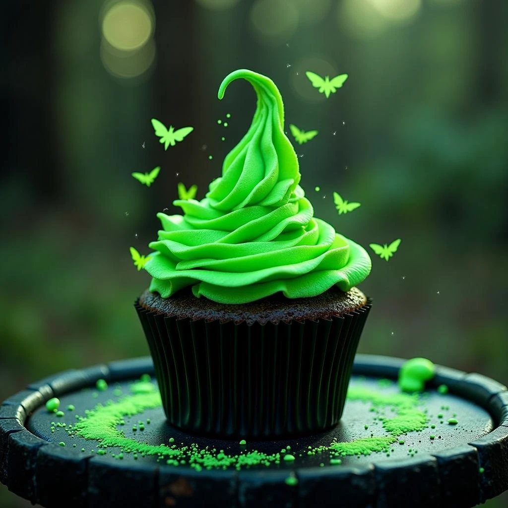 long shot scenic professional photograph of witch cute cupcake resting on a black altar , conjuring circle, colors : green,  and fluorescent green <lora:hallowen-spooky-cupcakes:1>, Photorealistic, Hyperrealistic, Hyperdetailed, analog style, soft lighting, subsurface scattering, realistic, heavy shadow, masterpiece, best quality, ultra realistic, 8k, golden ratio, Intricate, High Detail, film photography, soft focus, perfect viewpoint, highly detailed, wide-angle lens, hyper realistic, with dramatic sky, polarizing filter, natural lighting, vivid colors, everything in sharp focus, HDR, UHD, 64K