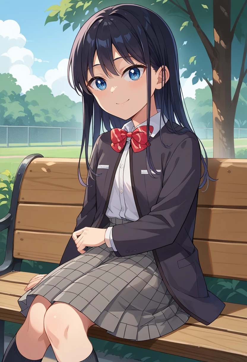 score_9, score_8_up, source_anime, 1girl, solo, RinNanakura, blue eyes, black hair, long hair, bangs, white shirt, collared shirt, red bowtie, striped bowtie, shirt tucked in, black jacket, grey skirt, plaid skirt, black socks, sitting, outdoors, on bench, smile, <lora:ChamRinNanakuraPonyXL:1>