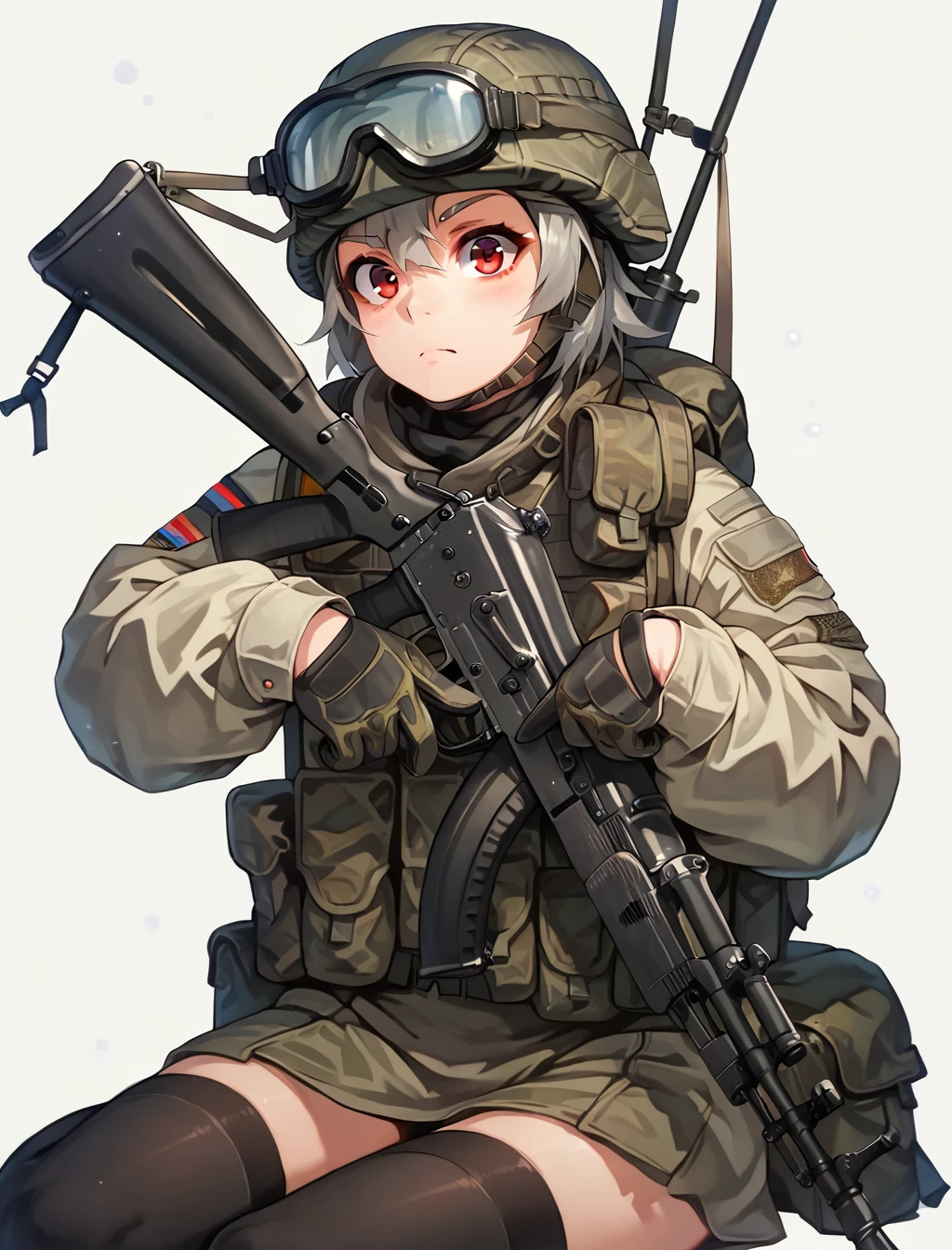 score_9, score_8_up, score_7_up, score_6_up,score_5_up, RussianSoldier, 1girl, solo, simple background, red eyes, thighhighs, gloves, hat, white background, sitting, weapon, grey hair, black thighhighs, gun, wariza, helmet, goggles, rifle, assault rifle, holding ak-74, <lora:RussianSoldierV3-000004:1>