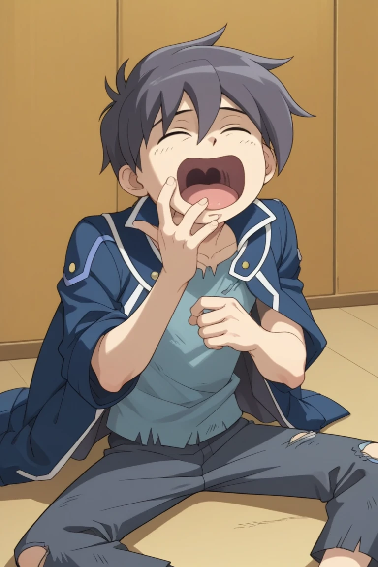 score_9, score_8_wonderful, score_7_wonderful, sauce_anime,Male Focus,1 male,No pants,Auction,On all fours,Place your hands on the floor,penis,Leash color,View your audience,Squat,humiliation,Obedience,Blue tie,Long sleeve white shirt,Seen by Mob