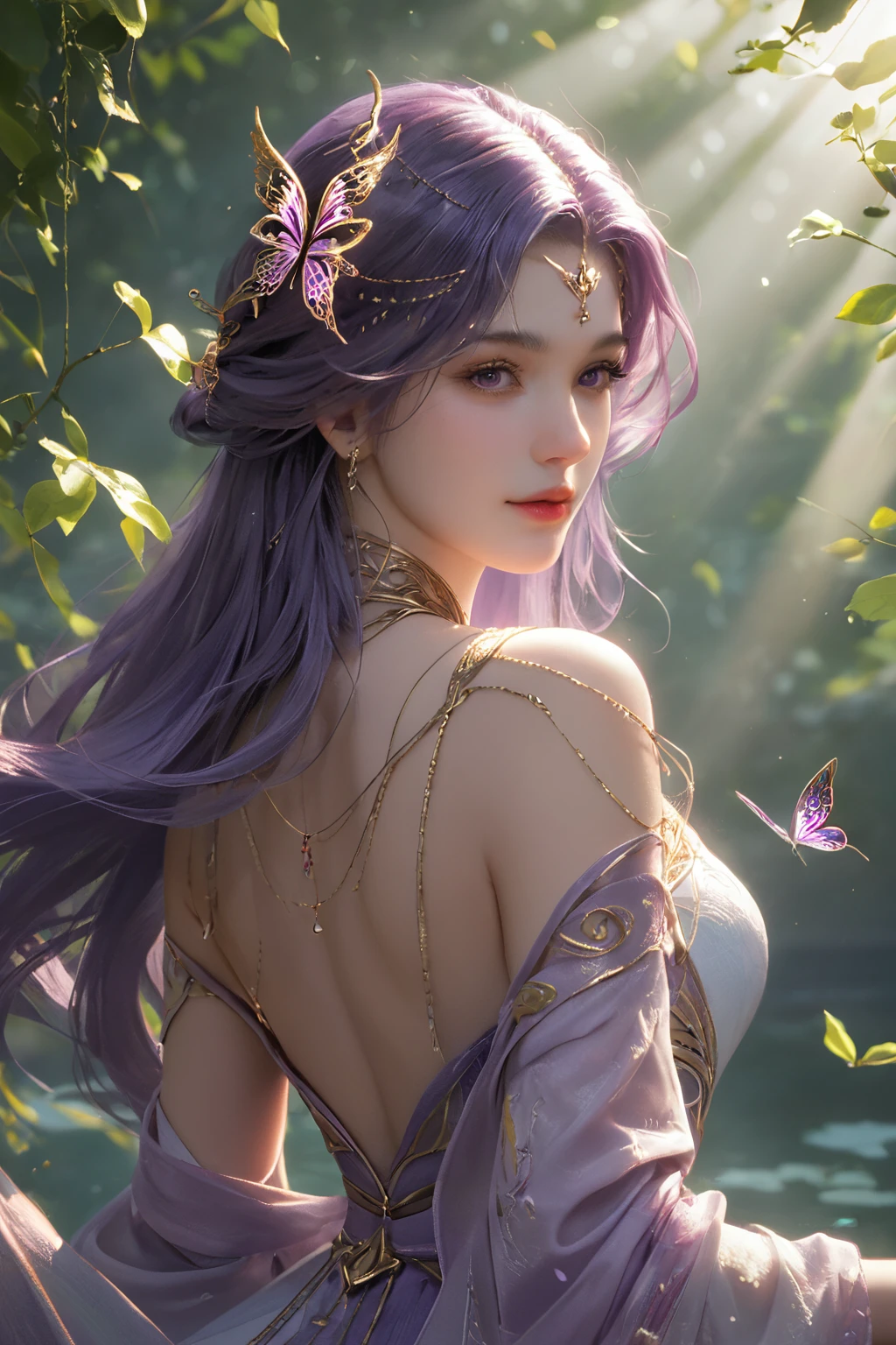 score_9,score_8_up,score_7_up,
<lora:DestinyYunxiPony2e:0.8>,
Artwork,1 girl with long,flowing purple hair cascading down her back,looking back over her shoulder with a captivating gaze,adorned with a delicate hair ornament that sparkles in the light. She wears an ethereal dress that gently drapes over her bare shoulders,blending harmoniously with the serene water surrounding her. The scene is illuminated by soft,golden light rays filtering through the leaves,creating a magical atmosphere. Delicate butterflies flutter nearby,and a graceful bird perches close by,adding to the enchanting ambiance. The upper body portrait captures the essence of tranquility and beauty,inviting the viewer into this dreamlike moment.,