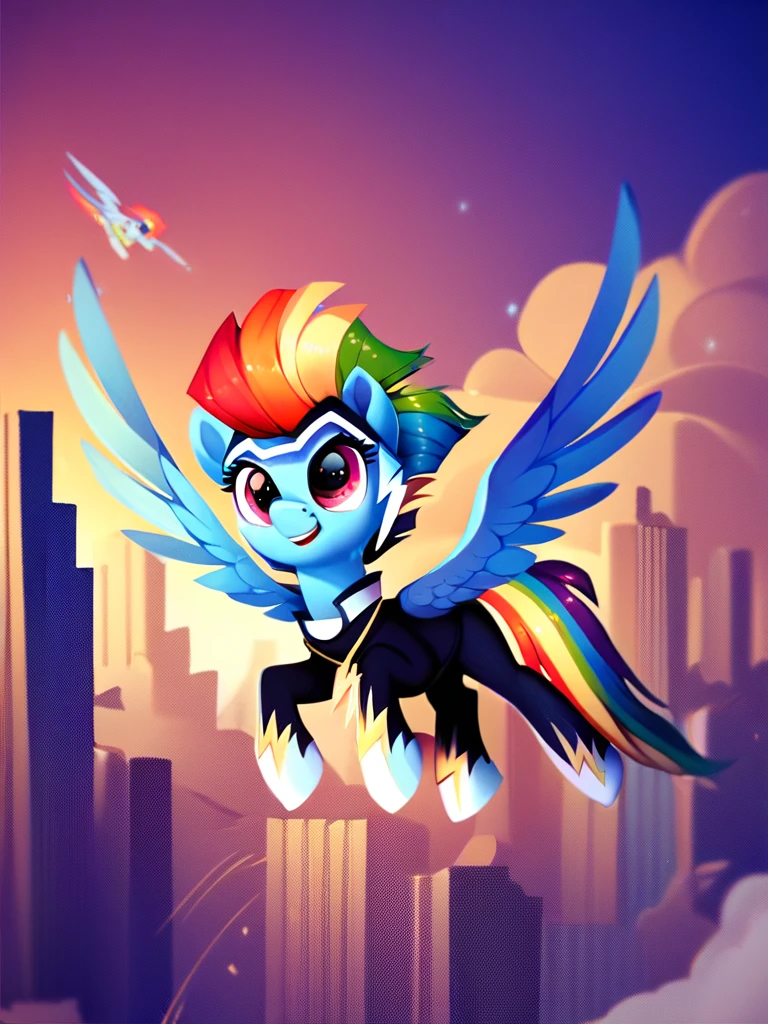 score_9, score_8_up, score_7_up, score_6_up, score_5_up, score_4_up, source_pony, feral pony, Zapp_PowerPonies, bodysuit, necklace, solo, flying, skyline, night, detailed background, detailed face, detailed eyes, <lora:zappanthro-v1:1>