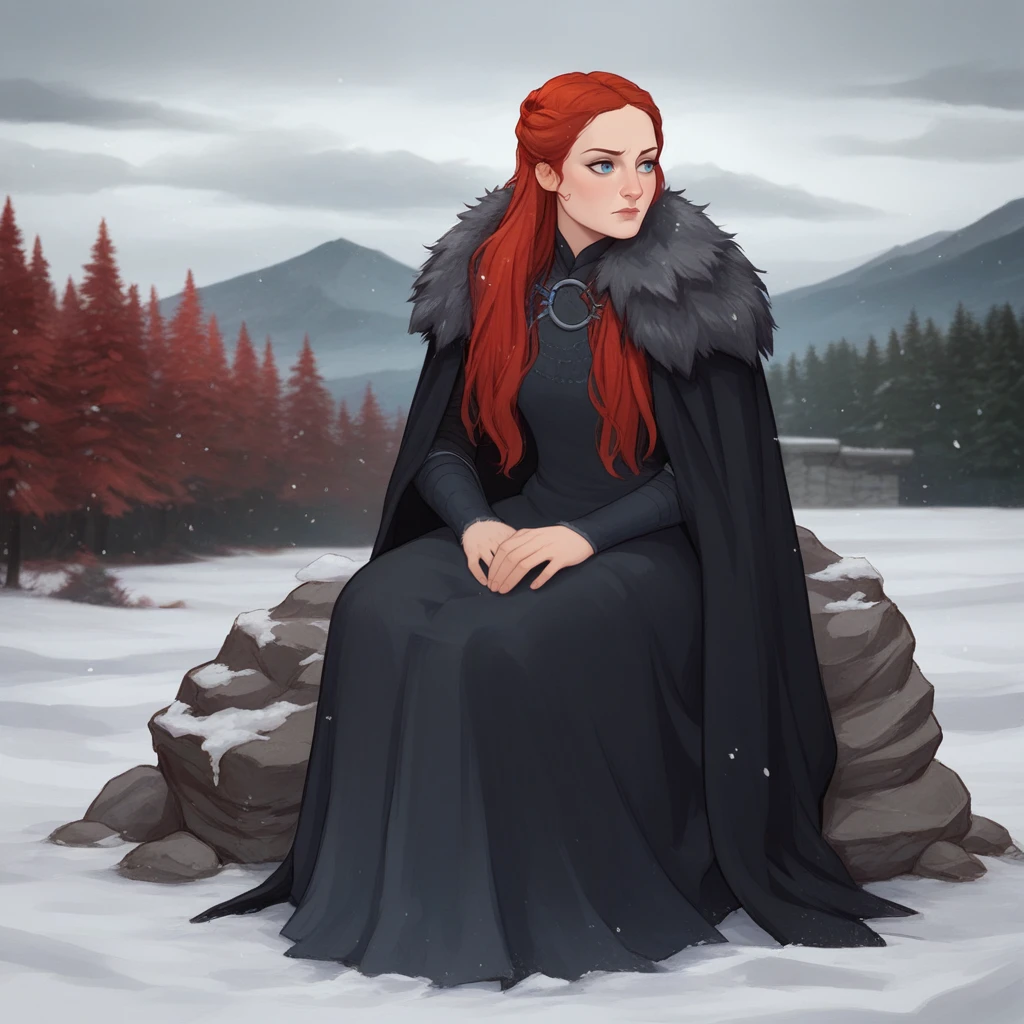 score_9_up, score_7_up, BREAK, SansaStark, 1girl, solo, long hair, red hair,  blue eyes, black dress, armor, fur trim, cape, sitting on rock, outdoors,  <lora:SansaStark_PXL_Leaf1:0.8>, snow,