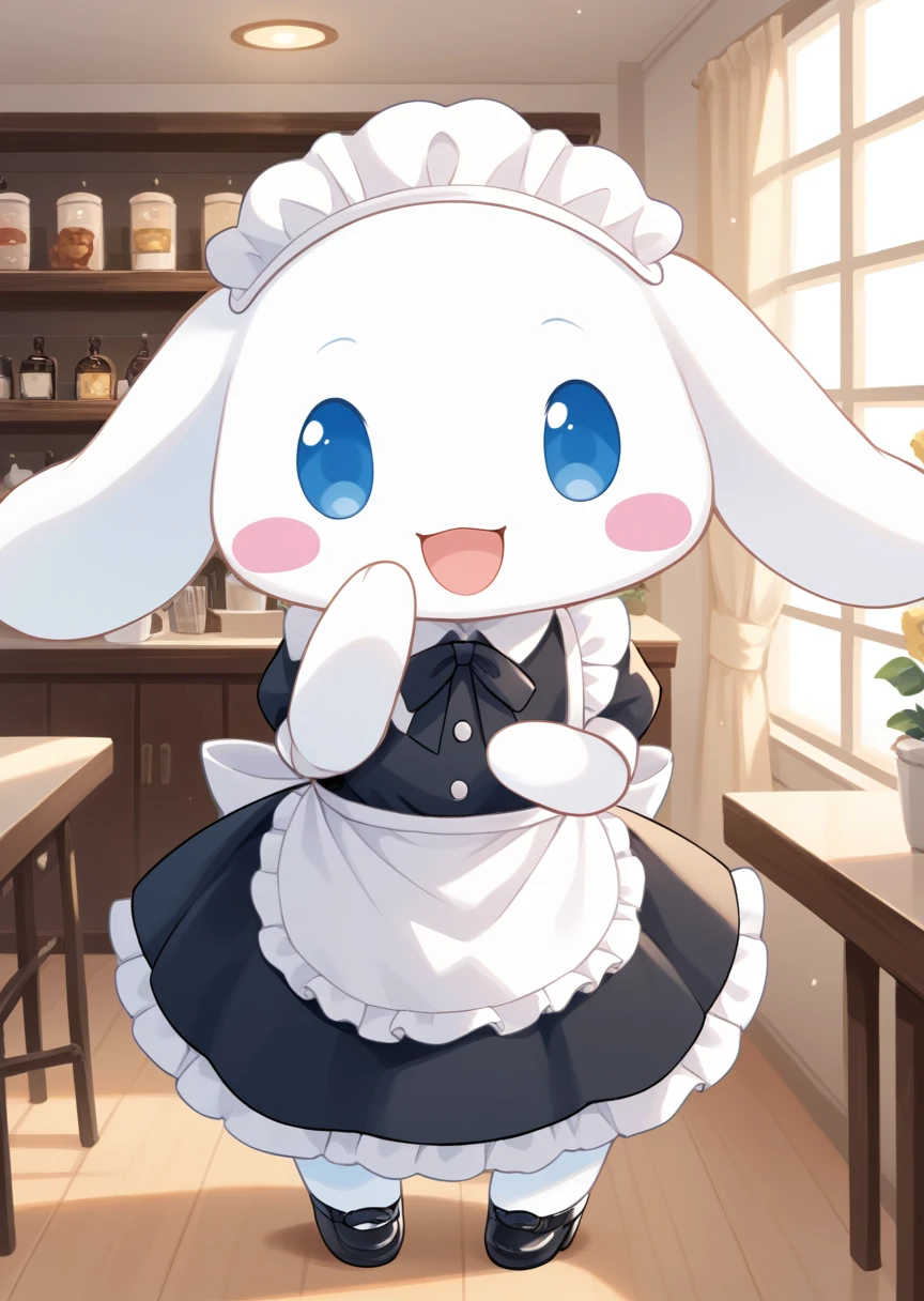 score_9, score_8_up, score_7_up, BREAK
Cinnamoroll, anthro, male, solo, looking at viewer, smile, open mouth, blue eyes, standing, :d, no humans, blush stickers, happy, cafe, cute, kawaii, long ears, white fur, maid uniform, maid headdress