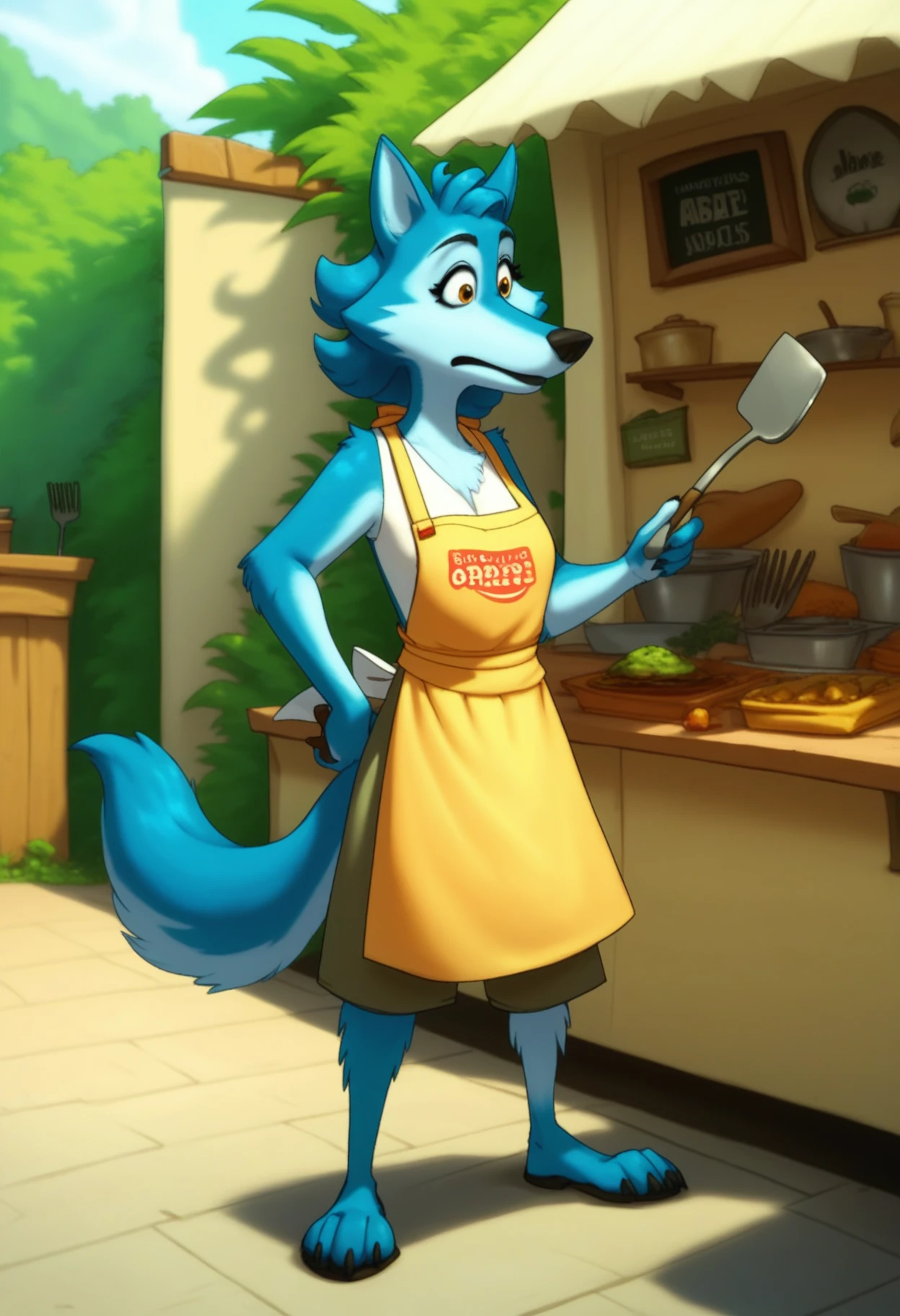 safe_pos, score_9, score_8_up, score_7_up, solo, 1girl, barbeque, apron, holding, spatula, apron, shorts, furry, wolf, outside