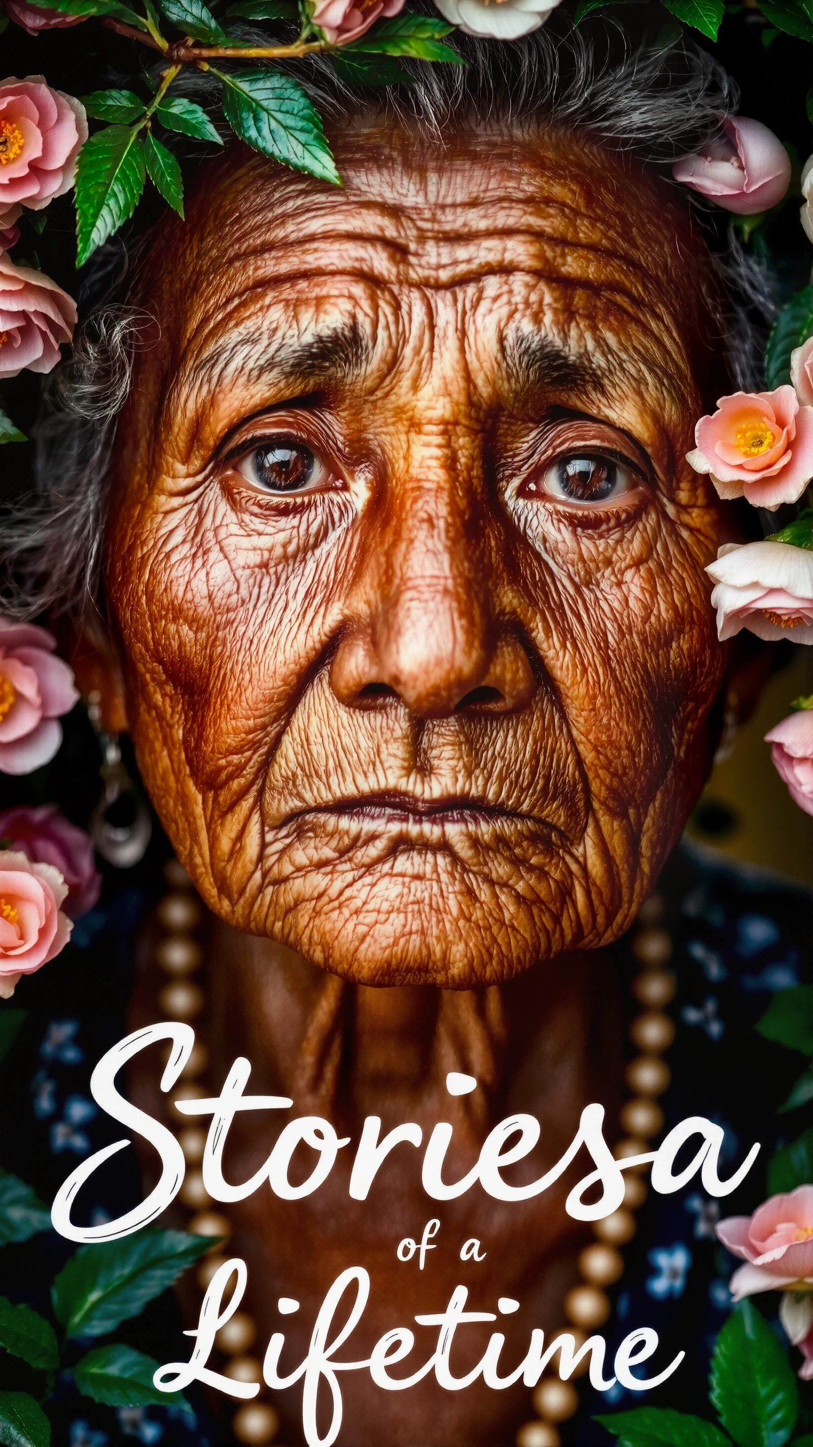 Text letters and words that says "Stories of a Lifetime" in handwritten cursive at the bottom, featuring an elderly woman with a weathered face and deep wrinkles. A medium shot emphasizing her expressive face against a blurred garden backdrop filled with soft blooms. The primary focus highlights the rich details of her skin, deeply tanned and lined from years of sun exposure. Secondary focus captures her eyes, sparkling with life experience. Soft, diffused lighting adds warmth to the scene, making it inviting. A high-resolution photograph framed with greenery <lora:Old_Beauty-000001:1>