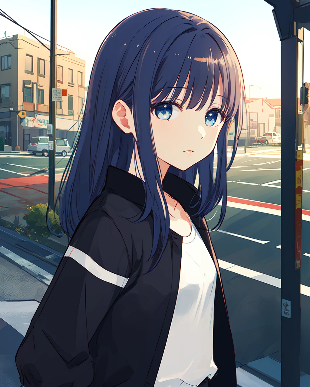 masterpiece, high quality, mgrcnanamiyachiyo, 1girl, blue hair, blue eyes, upper body, medium shot, dynamic pose, walking, outdoors, city, street, black jacket, white shirt, (side view:0.8), <lora:mgrcnanamiyachiyo:0.8>