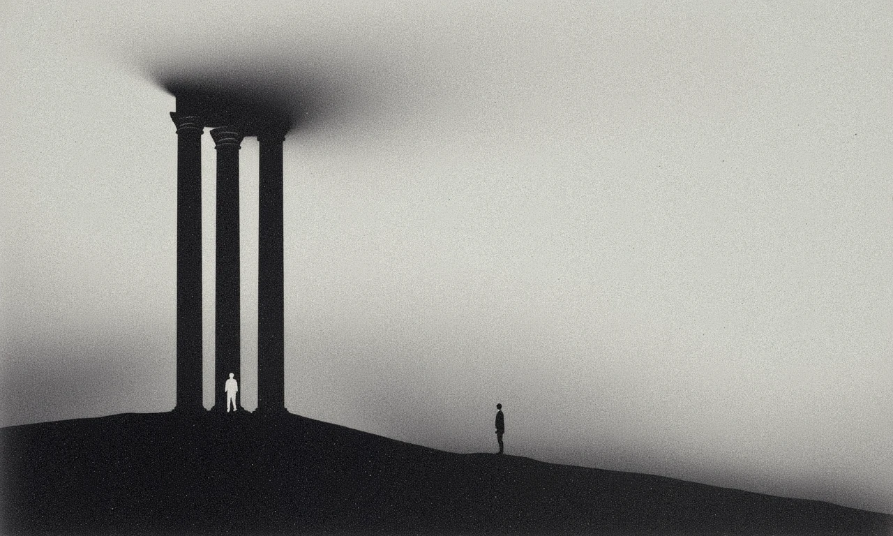 WH1T3 style, rough print, film grain, symbolic style, temple on a hill, single person stands between the columns, cloudy sky, surreal dreamscape