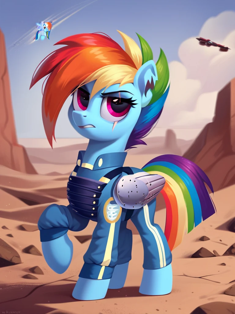 score_9, score_8_up, score_7_up, score_6_up, score_5_up, score_4_up, source_pony, feral pony, Apocalypse_Rainbow_Dash, notched ear, scar across eye, mechanical wing, prosthetic wing, uniform, body armor, bulletproof vest, desert, detailed background, detailed face, detailed eyes, <lora:apocdash-v1:1>