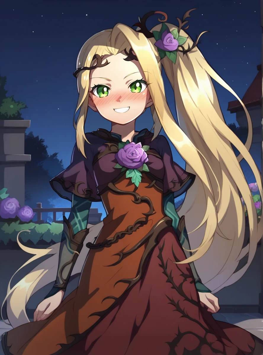 score_9, score_8_up, score_7_up, score_6_up source_anime, anime screencap, uncensored,  anime coloring,   <lora:ViridiXL:0.8>viridixl, long hair, 1girl, solo, blonde hair, flower, dress, hair ornament, smile, hair flower, green eyes, very long hair, ponytail smile, flower_garden garden,  seductive smile single vambrace, nose blush, night,   night sky,  starry sky,  , <lora:lowlightv2:1>, glowing eyes,