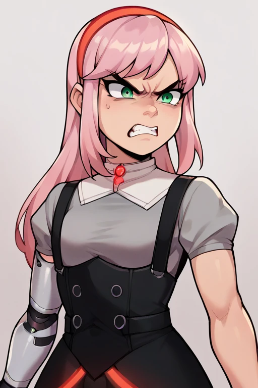 2D, score_9, score_8_up, score_7_up, BREAK, 1girl, solo, EvelynClaythorne, Pink Hair, Green Eyes, mechanical arm, headband, grey shirt, black overalls, suspenders, skirt, angry, red lights