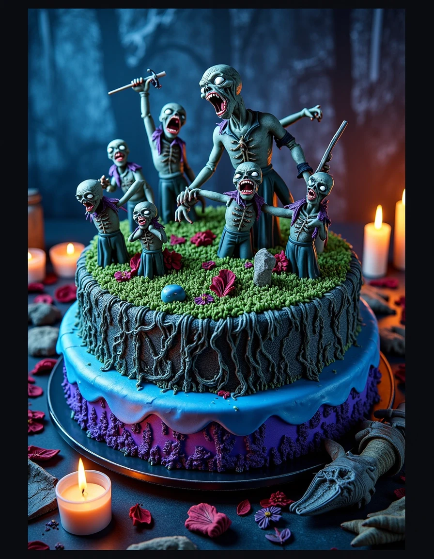 a cake with a graveyard on top of in and zombies coming out of it,  on a black table, in a creepy crypt at night, with  candles, colors: blue, violet, green, creerck  <lora:creepy-and-eerie-cakes:1>