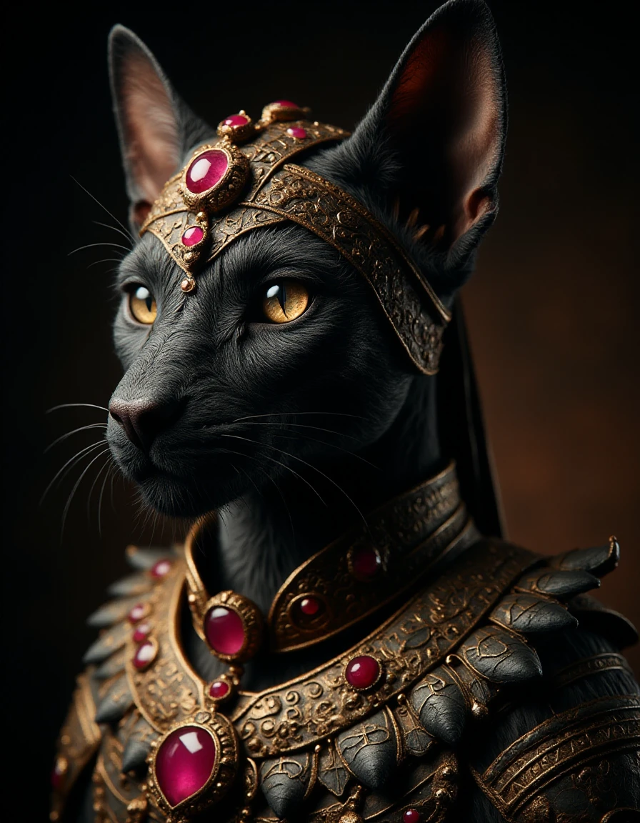 A close-up of the ral-bastet's face reveals her luxurious, jewel-encrusted collar and matching headdress, dripping in rubies and gold. The intricate patterns on her jewelry catch the light, sending flickers of brilliance across her sleek black fur. Her eyes gleam with wisdom, reflecting the deep riches surrounding her.
<lora:ral-bastet-flux:1>