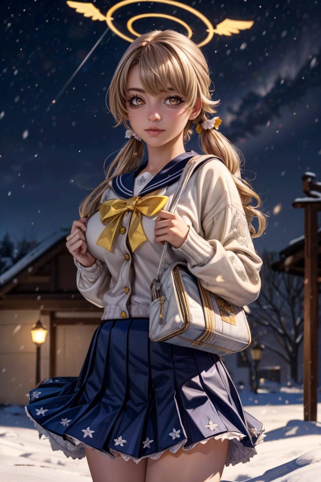 (ultra realistic,32k, masterpiece:1.2),(high detailed skin:1.1),( high quality:1.1), <lora:IllyasvielVonEinzbern_v1:0.7>, zzIllya, looking at viewer, night, outdoors, snowing, sky, BREAK,    <lora:Hifumi_BlueArchive_Citron:0.8>, zzHifumi, yellow eyes, light brown hair, long hair, twintails, halo, breasts white cardigan, blue skirt, school uniform, pleated skirt, backpack, blue sailor collar,   ,BREAK,  blooming stars, luminescent petals, otherworldly fragrance blurry background, (looking at viewer, standing:1.1), huge breast, large breast, <lora:add_detail:0.92>, (glowwave:1.1),