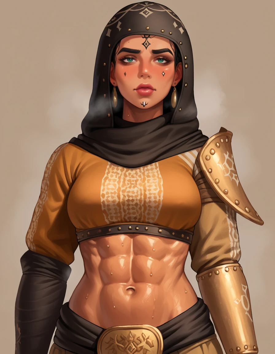 score_9, score_8_up, score_7_up, 2d,
arabian woman, mature woman, face tattoo,
Fatandira, armor, hood, dark skin, dark-skinned woman, solo,
midriff, abs, sweaty, looking at viewer, in heat, blush, steaming body,
<lora:Fatandira_PonyXL:0.85>