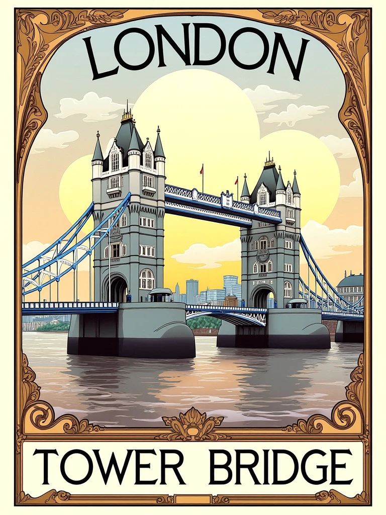 Tower Bridge, poster with the text "LONDON" at the top and "TOWER BRIDGE" at the bottom, visual flourishes, illustration in the style of ARTNV