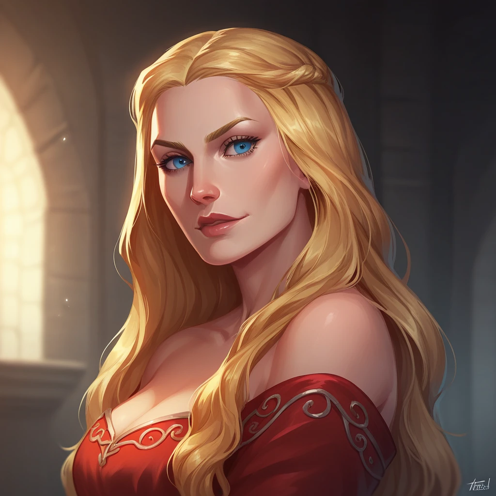 score_9_up, score_8_up, BREAK, CerseiLannister, 1girl, solo, long hair, blonde hair, blue eyes, red dress, upper body, <lora:CerseiLannister_PXL_Leaf1:0.8>, looking at viewer,