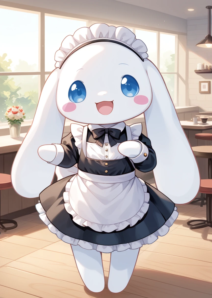 score_9, score_8_up, score_7_up, BREAK
Cinnamoroll, anthro, male, solo, looking at viewer, smile, open mouth, blue eyes, standing, :d, no humans, blush stickers, happy, cafe, cute, kawaii, long ears, white fur, maid uniform, maid headdress