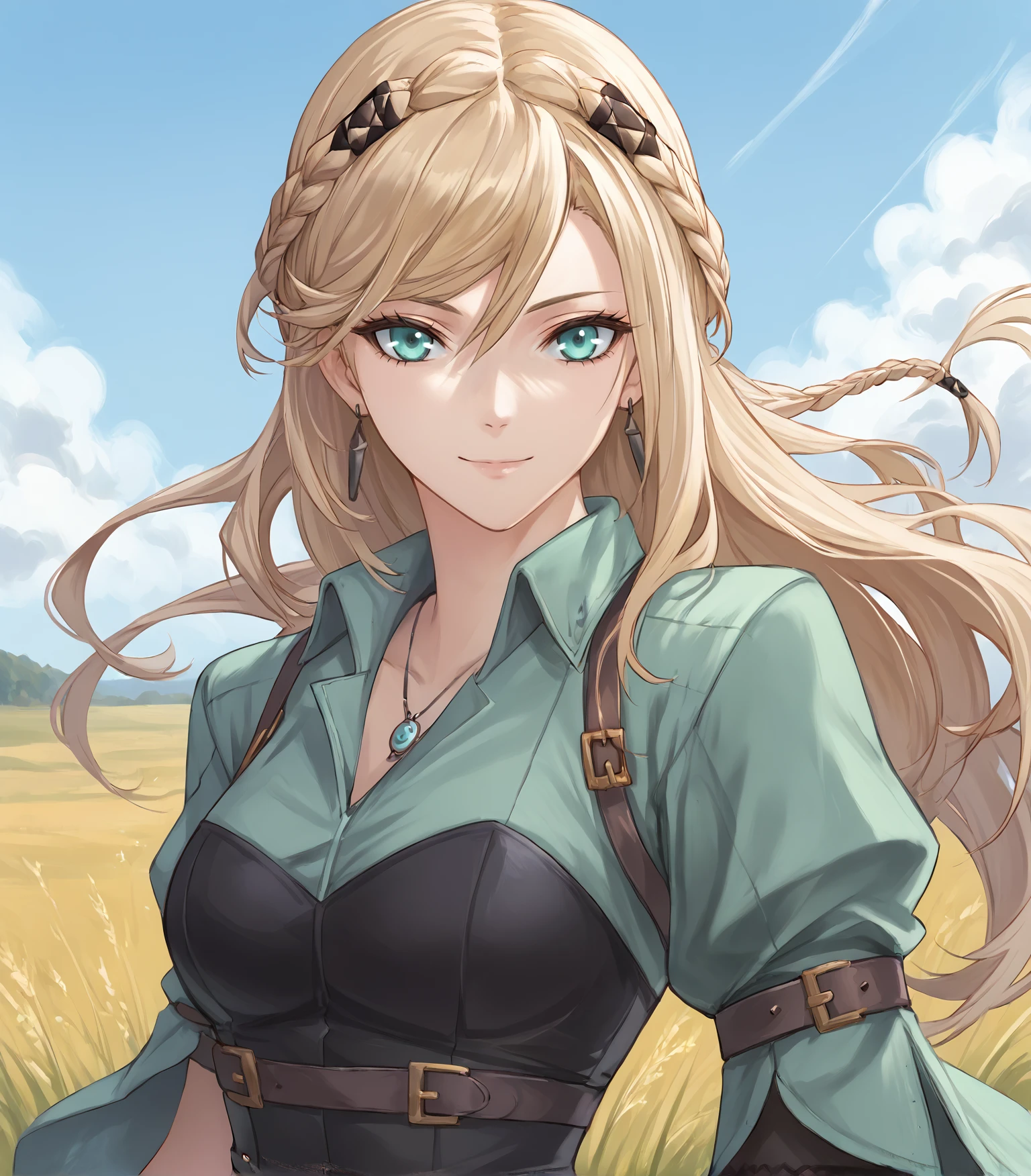 score_9, score_8_up, score_7_up,
1girl, solo,
<lora:ElaineAuclairKai:0.9> Elaine Auclair, aqua eyes, blonde hair, long hair, braid, hair ornament, medium breasts, earrings, green jacket, black corset, belt, single glove, black shorts, black thighhighs, garter straps, white high heels,
upper body, portrait,  looking at viewer, smile,
outdoors, field, sky, clouds,
<lora:LDART_style_pony_v3:0.7>,, <lora:Racoonkun_Artist_Style:0.4>, racoonsan,,