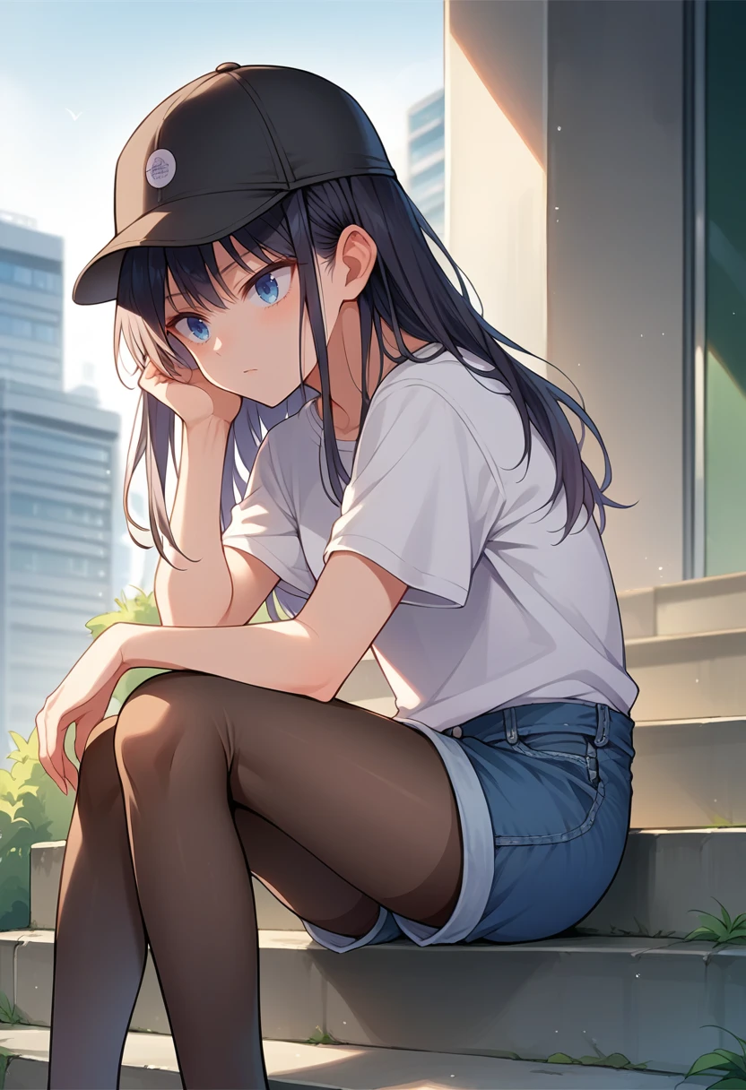 score_9, score_8_up, source_anime, 1girl, solo, RinNanakura, blue eyes, black hair, long hair, bangs, baseball cap, t-shirt, denim shorts, pantyhose under shorts, sitting, stairs, outdoors, city, <lora:ChamRinNanakuraPonyXL:1>