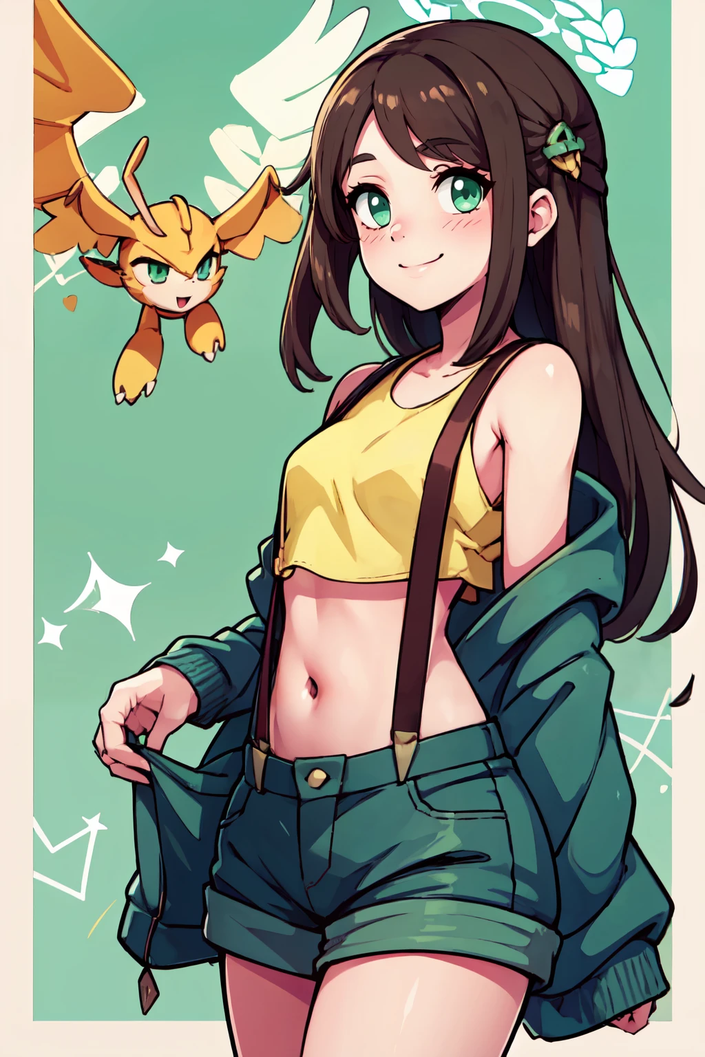 ((masterpiece,best quality)), absurdres,  BREAK, , <lora:Airi_BlueArchive_Citron:0.8>, zzAiri, green eyes, brown hair, long hair, hair ornament, halo,   , BREAK,  <lora:Misty_Pokemon_Cosplay_v3:0.8>,  misty (pokemon) (cosplay), yellow crop top, suspenders,, BREAK, solo, smile, looking at viewer, cowboy shot,