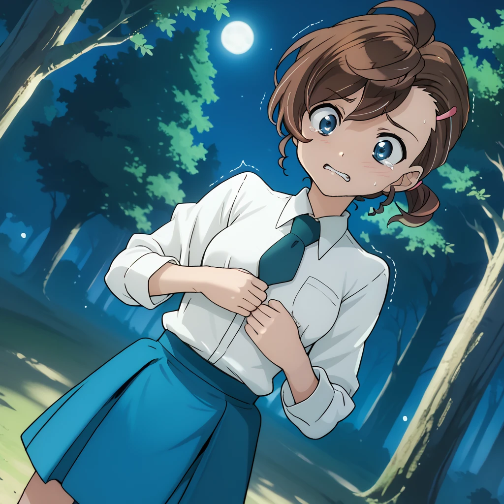 score_9, score_8_up, score_7_up, 1girl, solo, uncensored,  manainuyama, 1girl, solo, scared, turning head, hugging self, trembling,  dutch angle, white shirt, blue necktie, brown hair, blue eyes, blue skirt, outdoors, night, dark, forest,  <lora:ManaInuyamaXL_v1.0:1>