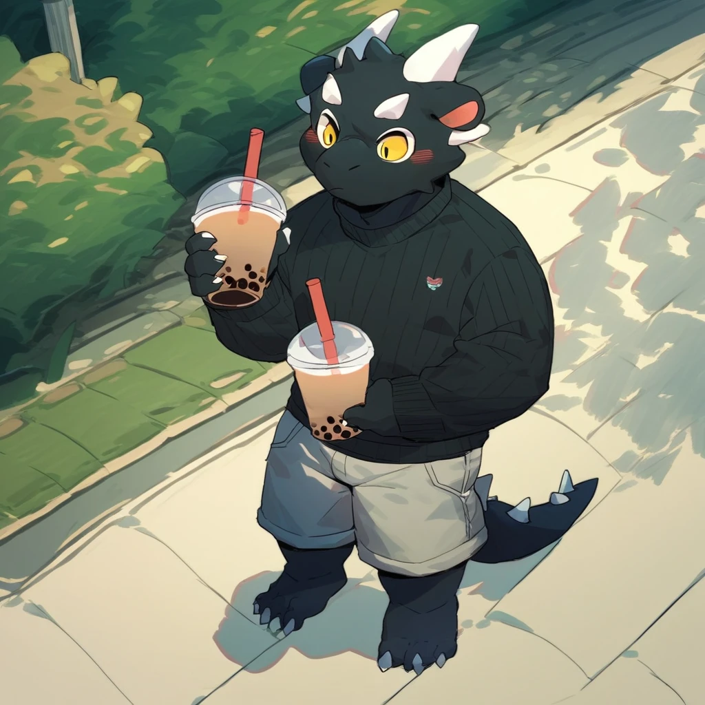 score_9_up, score_8_up, score_7_up, source_furry, mikus-kounfuyu, black dragon, black body, white horns, yellow eyes, park, holding, bubble tea, black sweater, gray shorts, 1boy, solo