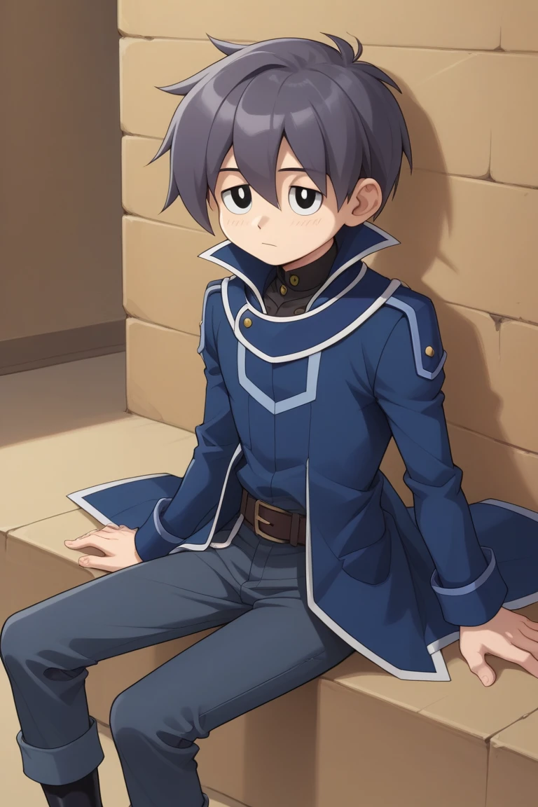 score_9, score_8_up, score_7_up, source_anime, highly detailed, Belowski, grey hair, black eyes, blue coat, blue obelisk uniform, blue coat, solo, 1boy, male focus, sitting, pants, grey pants, black boots, belt, long sleeves, cute