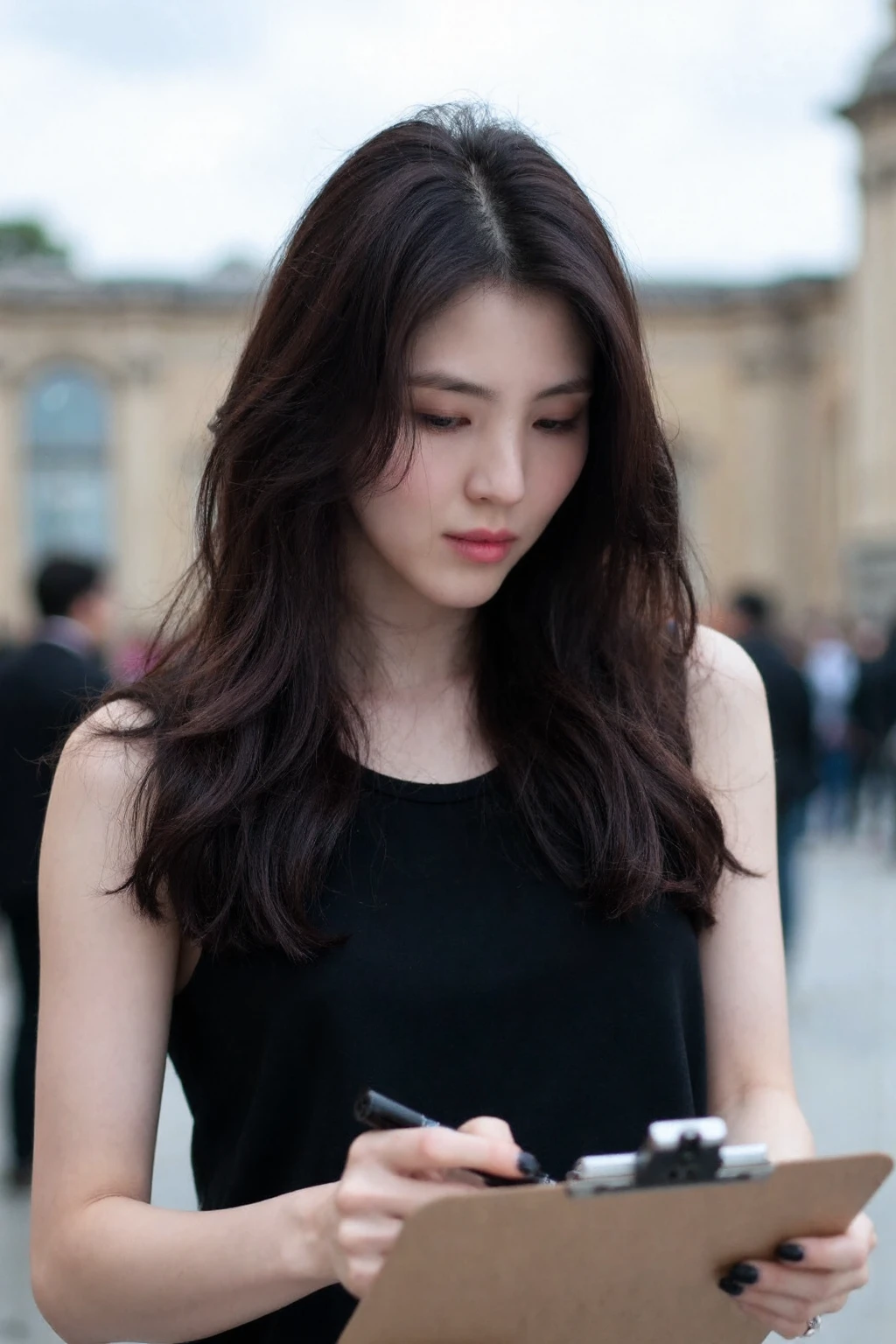 beautiful korean woman with long, wavy dark hair, standing outdoors wearing black tanktop. She appears to be signing something on a clipboard or similar surface. Her gaze is focused downward, and she has a black pen or marker in one hand, with black nail polish on her fingers. Her expression is slightly concentrated. Biting black marker cap.
The setting seems to be in a public, urban space, as there are people in the background and architectural buildings with classical columns or arches, suggesting a city square or a notable location. The sky is clear with soft clouds, and there is a natural light enhancing the soft, candid tone of the image., <lora:flux_realism_lora:1>,  <lora:makinaflux_hansohee_v1.0:1>