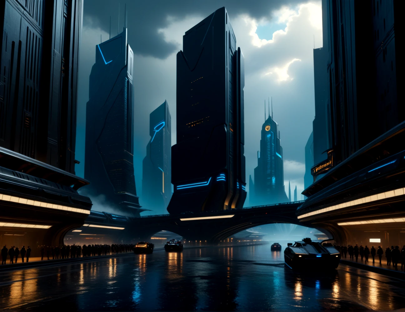 score_9, score_8_up, score_7_up,
<lora:Dystopian_Future_(Architecture)_(SDXL)_(AD):1> Dystopian Future, monumental architecture, architecture, city, cityscape, scenery, building, skyscraper, future, scifi, science fiction,  
8K, In'ei, chiaroscuro, rim lighting, perfect depth of field shot, beautiful, sharp focus, crisp details, subsurface scattering and reflections, god rays, ray tracing, 
idealized city, wide boulevards, busy city center, large plazas, plazas, photographic anime clouds and haze, dark rainy overcast skies, black clouds, abysmal haze, photographic realism, buildings, skyscrapers, metropolis, 8K CGI render, oppressive scale of architecture, black titanium, science fiction masterpiece, river, 
(in the style of and art by midjourney, greg rutkowski, raphael, James Gurney, Thomas Kinkade, ), 
BREAK zPDXL, zPDXLxxx, <lora:sdxl_lightning_8step_lora:0.4> <lora:detailed_notrigger:0.5>