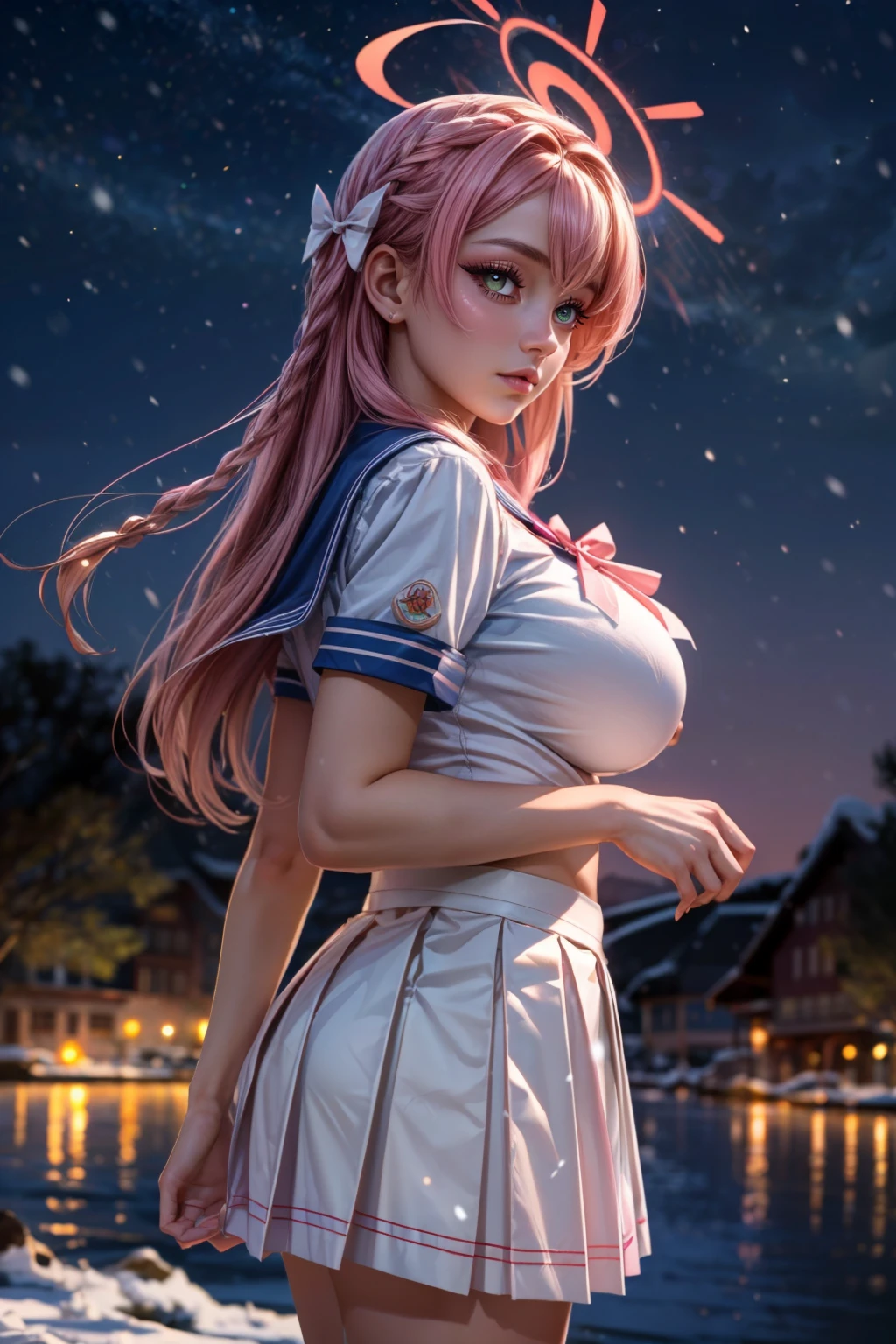 (ultra realistic,32k, masterpiece:1.2),(high detailed skin:1.1),( high quality:1.1), <lora:IllyasvielVonEinzbern_v1:0.7>, zzIllya, looking at viewer, night, outdoors, snowing, sky, BREAK,   <lora:Hanako_BlueArchive_Citron:0.8>, zzHanako, green eyes, pink hair, long hair, braid, halo, ahoge, large breasts, bow, white skirt, blue sailor collar, pink bow, pleated skirt, white serafuku,     BREAK,  blooming stars, luminescent petals, otherworldly fragrance blurry background, (looking at viewer, standing:1.1), huge breast, large breast, <lora:add_detail:0.92>, (glowwave:1.1),