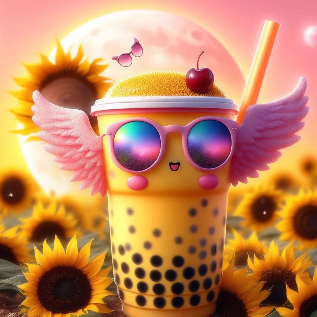 wings, two bubble teas, blush stickers, cherry, :3, bubble tea, sunflower, blurry, solo, sunglasses, moon, rainbow