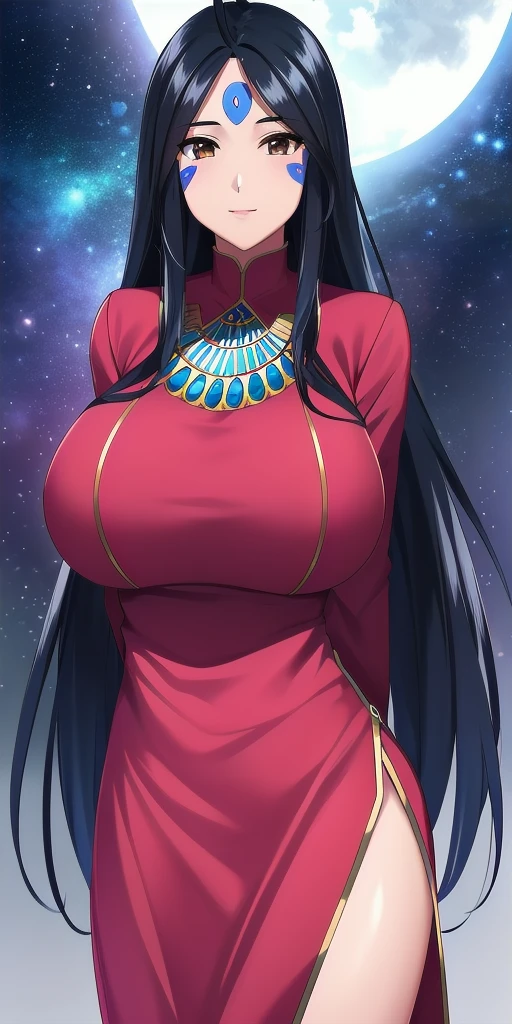 <lora:SkuldV2:0.7> skuld_(aa_megami-sama), huge_breasts, standing, solo, arms_behind_back, starry_sky, blue_facial_mark_forehead_mark, egyptian_clothes,, masterpiece, best_quality, detailed_face, detailed_eyes, highres, beautiful, detailed, absurdres,