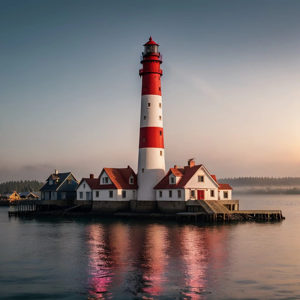 masterpiece, full scale wide-shot photo, intricate photo, by night, stars in the sky,  precisely detailed lighthouse with red-white colored ring-sections in the bay area in a fisher village, hazy fog on the water surface, foaming water, red and blue neon backlight, cyberpunk, atompunk, photo realistic, hyper realistic, highly detailed, sharp focus, high resolution, best quality, colorful, friendly colors, cozy outdoor lighting, 8K, <lora:LighthouseConcept5000:0.5>