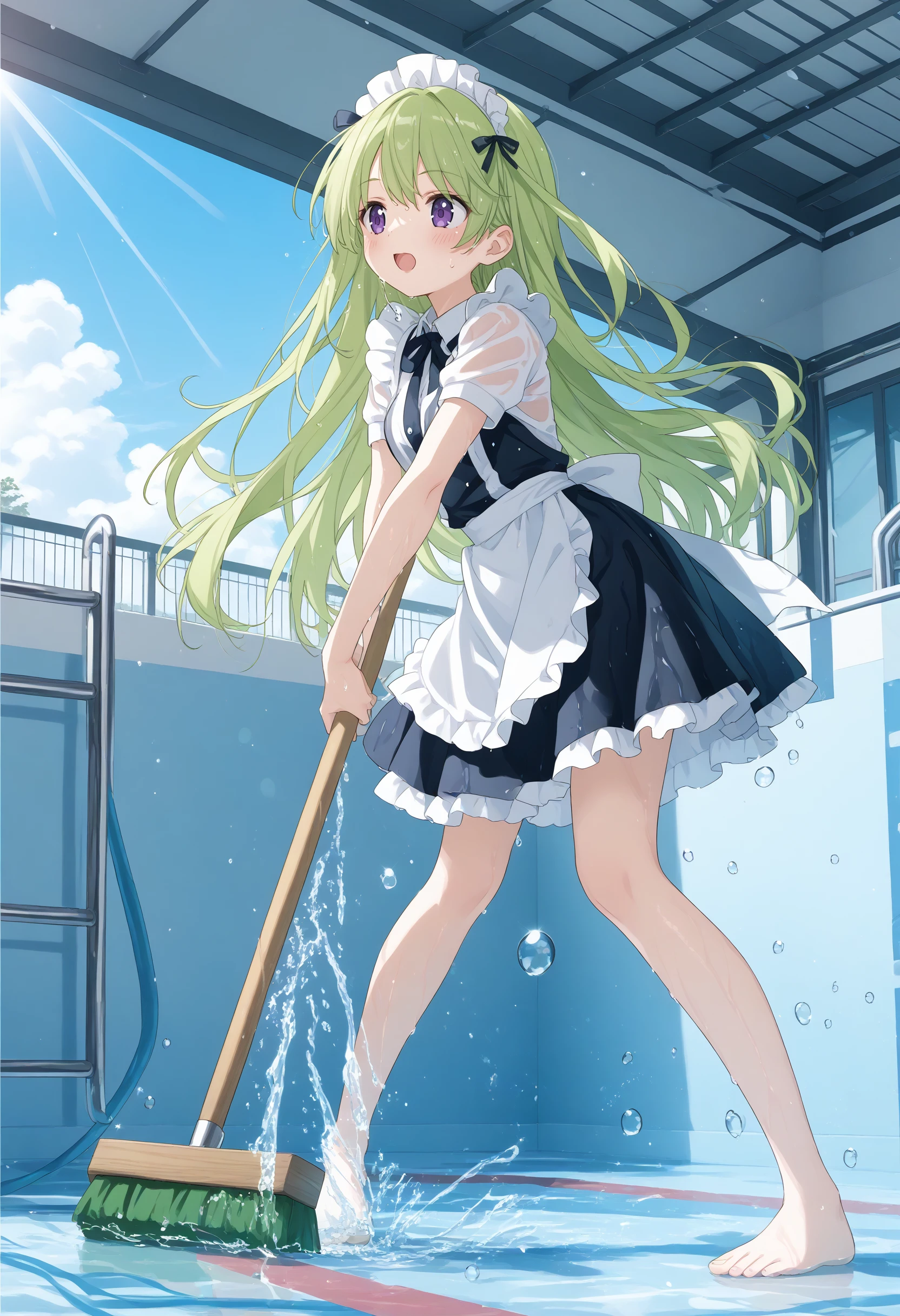 (masterpiece:0.7), (best quality:1.1),
(by sincos:0.5),(by ningen mame:0.5),(by toosaka asagi:0.5),
1girl,solo,medium breasts, maid, maid headdress,
pool, water, day, outdoors, wet, sky, broom, holding broom,
sunlight, wet clothes, spraying, water drop, splashing, lens flare, cleaning brush, cleaning, soaking feet, wet hair, sweatdrop, puddle,<lora:emptypool_Pony_v1:0.8>
ceiling, cinematic angle, looking to the side, green hair, purple eyes,badmood, open mouth, lightly curled inwards hair,,