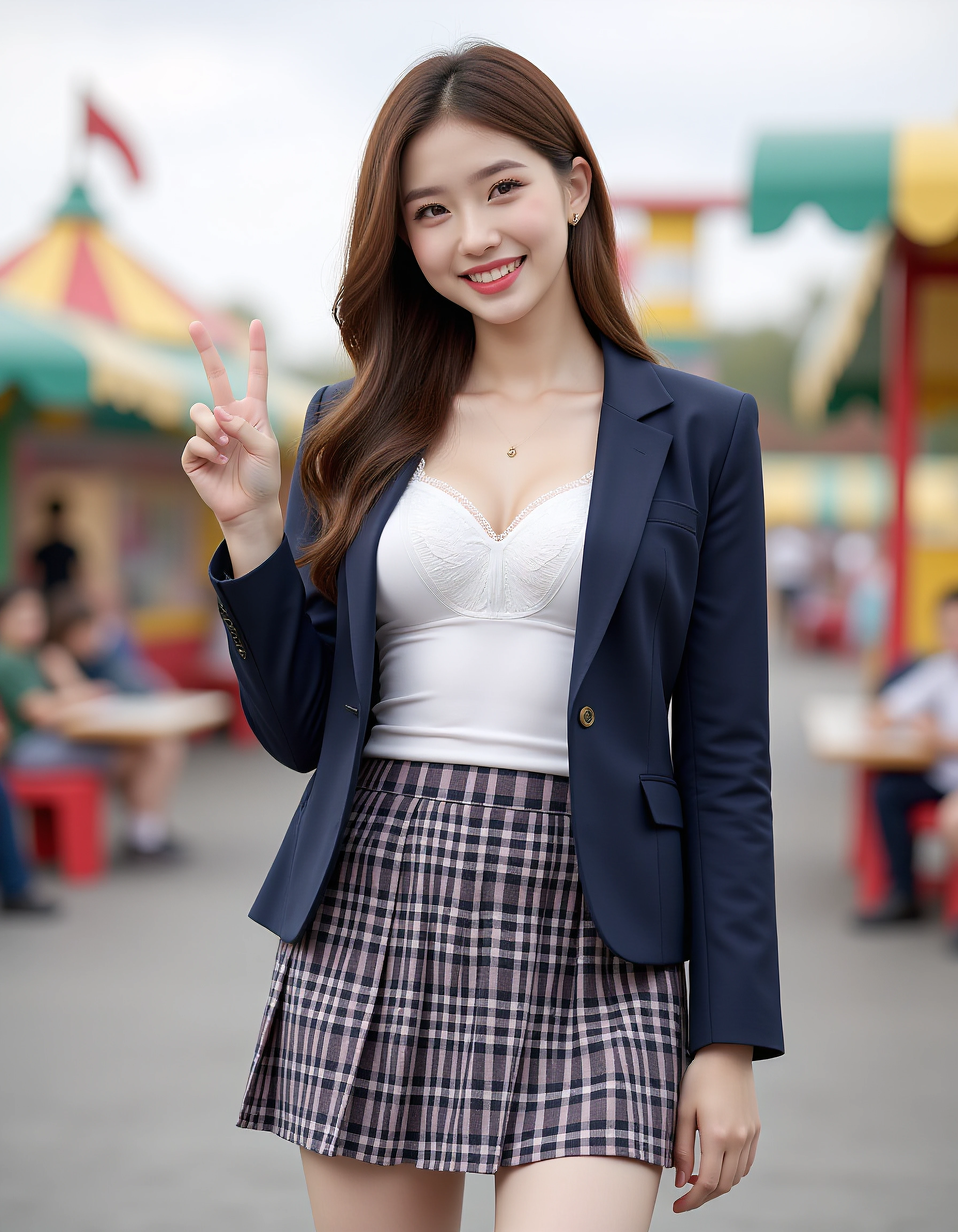 a beautiful 30yo woman in lacey shirt, school uniform jacket, plaid skirt, in an amusement park, smiling, v hand sign, 30cm wide thighs, 20cm wide waist <lora:beauty_standard1:0.85>