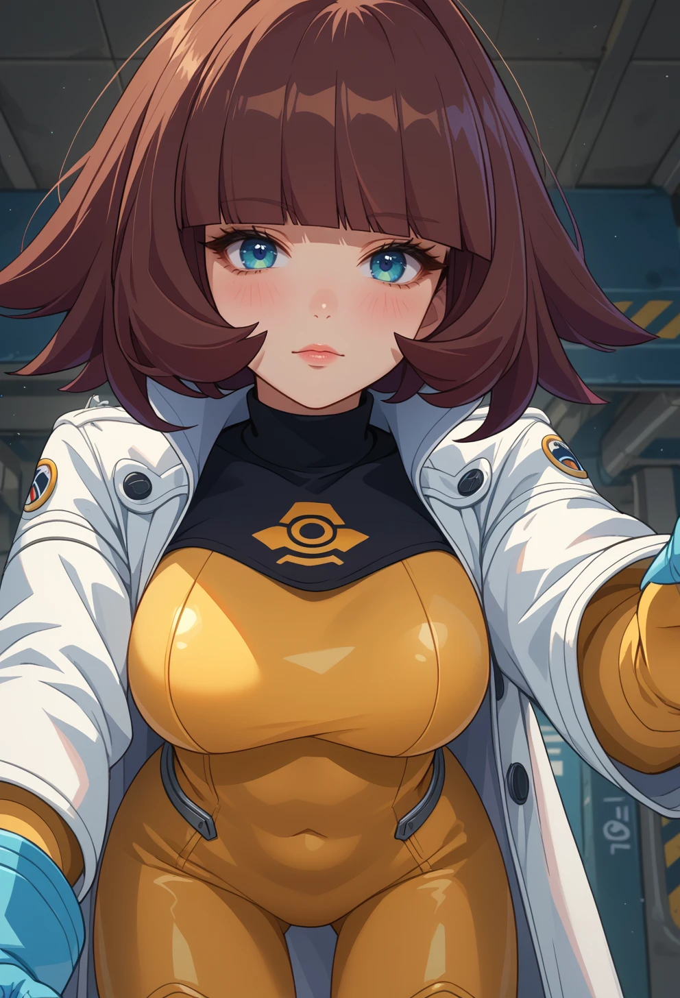 score_9, score_7_up, source_anime, BREAK  solo,  <lora:AEEliana:1> AEEliana, blue gloves, black footwear, black shirt, blue eyes, blunt bangs, bodysuit, brown hair, knee boots, long sleeves, mole under eye, short hair, turtleneck, white coat, yellow bodysuit, leaning forward, pov, from below, light blush, pointing at viewer,