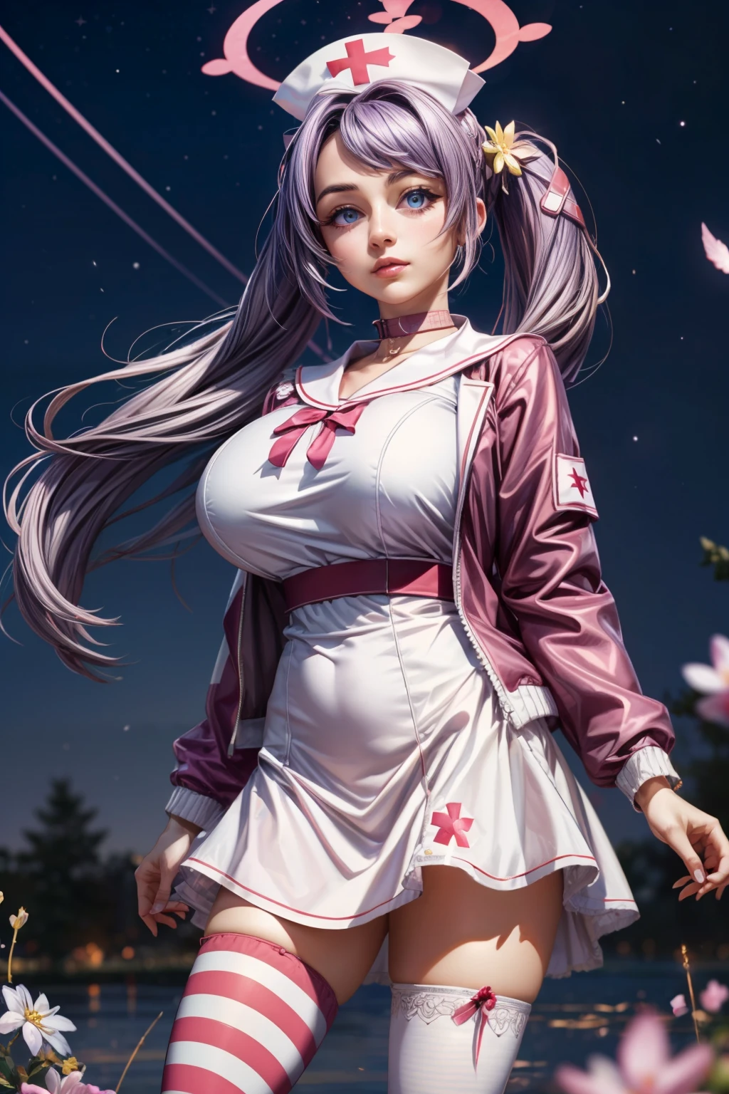 (ultra realistic,32k, masterpiece:1.2),(high detailed skin:1.1),( high quality:1.1), <lora:IllyasvielVonEinzbern_v1:0.7>, zzIllya, looking at viewer, night, outdoors, sky, BREAK,   <lora:Hanae_BlueArchive_Citron:0.7>, zzHanae, blue eyes, purple hair, long hair, twintails, halo, hair ornament, fang, hat pink jacket, white sailor collar, mismatched legwear, striped thighhighs, nurse outfit, white dress,   BREAK,  blooming stars, luminescent petals, otherworldly fragrance blurry background, (looking at viewer, standing:1.1), huge breast, large breast, <lora:add_detail:0.92>, (glowwave:1.1),