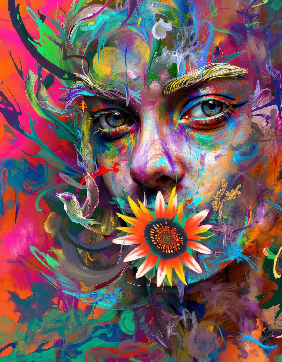 arna, face, looking at viewer, bird, flower pattern over mouth, fractal patterns, wavy pink orange gradient background with blue green on the left, pink paint splatter, twisting lines, liquid mixture, white out line around eyes, green outline around flower pattern covering mouth