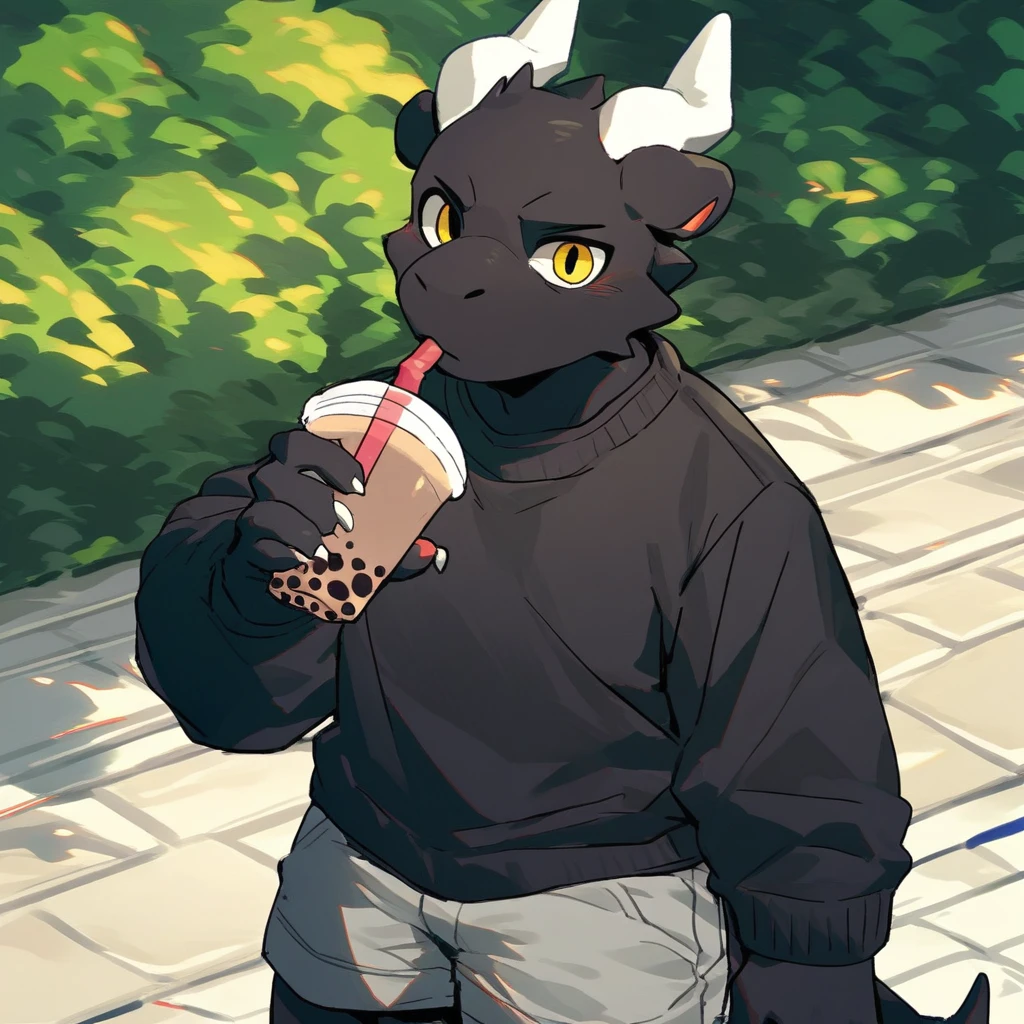 score_9_up, score_8_up, score_7_up, source_furry, mikus-kounfuyu, black dragon, black body, white horns, yellow eyes, park, holding, bubble tea, black sweater, gray shorts, 1boy, solo