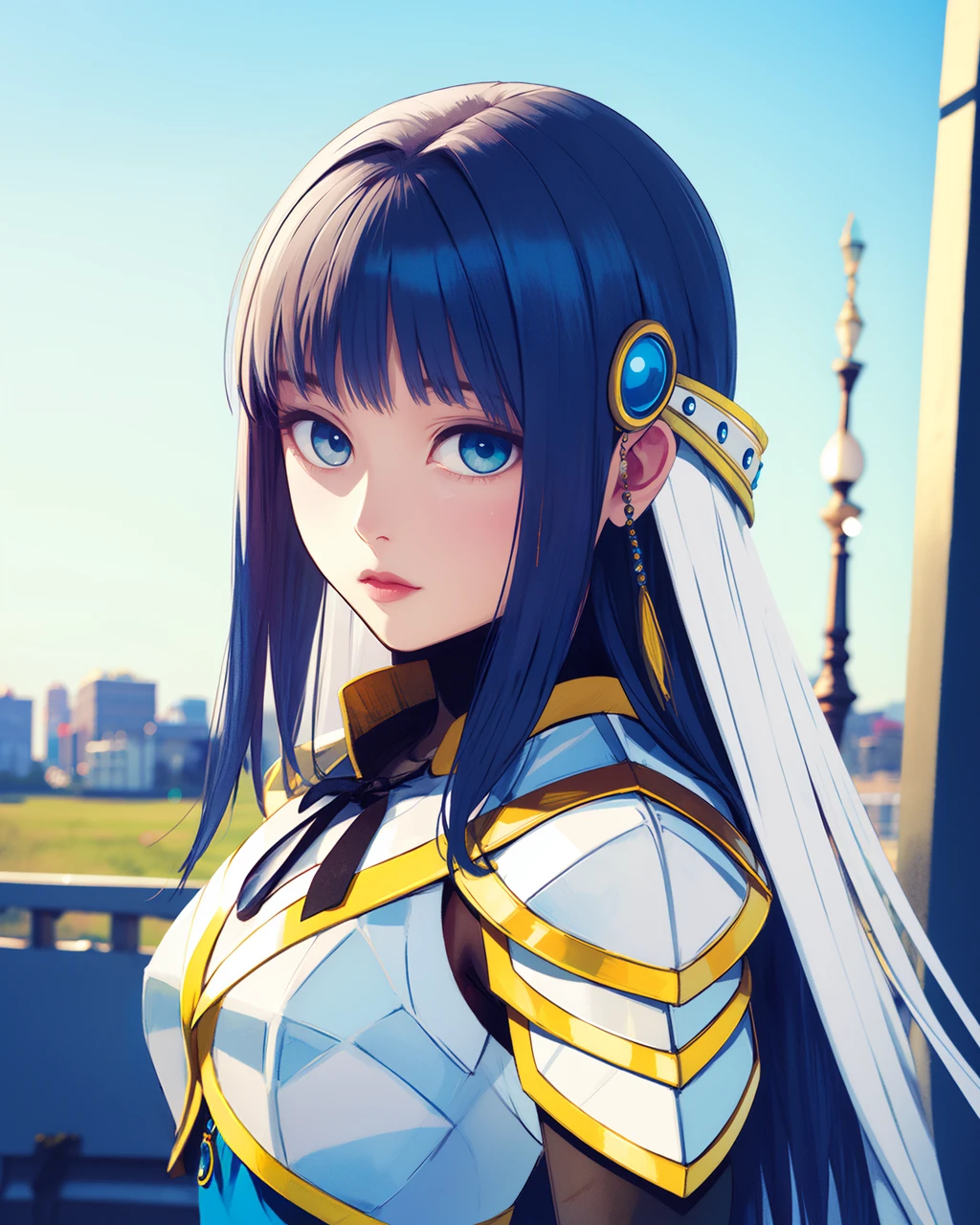 masterpiece, high quality, mgrcnanamiyachiyo, 1girl, blue hair, blue eyes, upper body, medium shot, dynamic pose, white string veil with gems, blue bowtie, blue crescent gem on chest, black turtleneck shirt, white with yellow breastplate, long blue dress, brown gloves with gems, outdoors, evening, (side view:0.8), <lora:mgrcnanamiyachiyo:1>