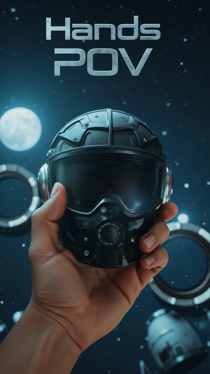 1 hand, holding a sci-fi helmet, space ship background, with text:"Hands POV"  , aidmaHandsPOV