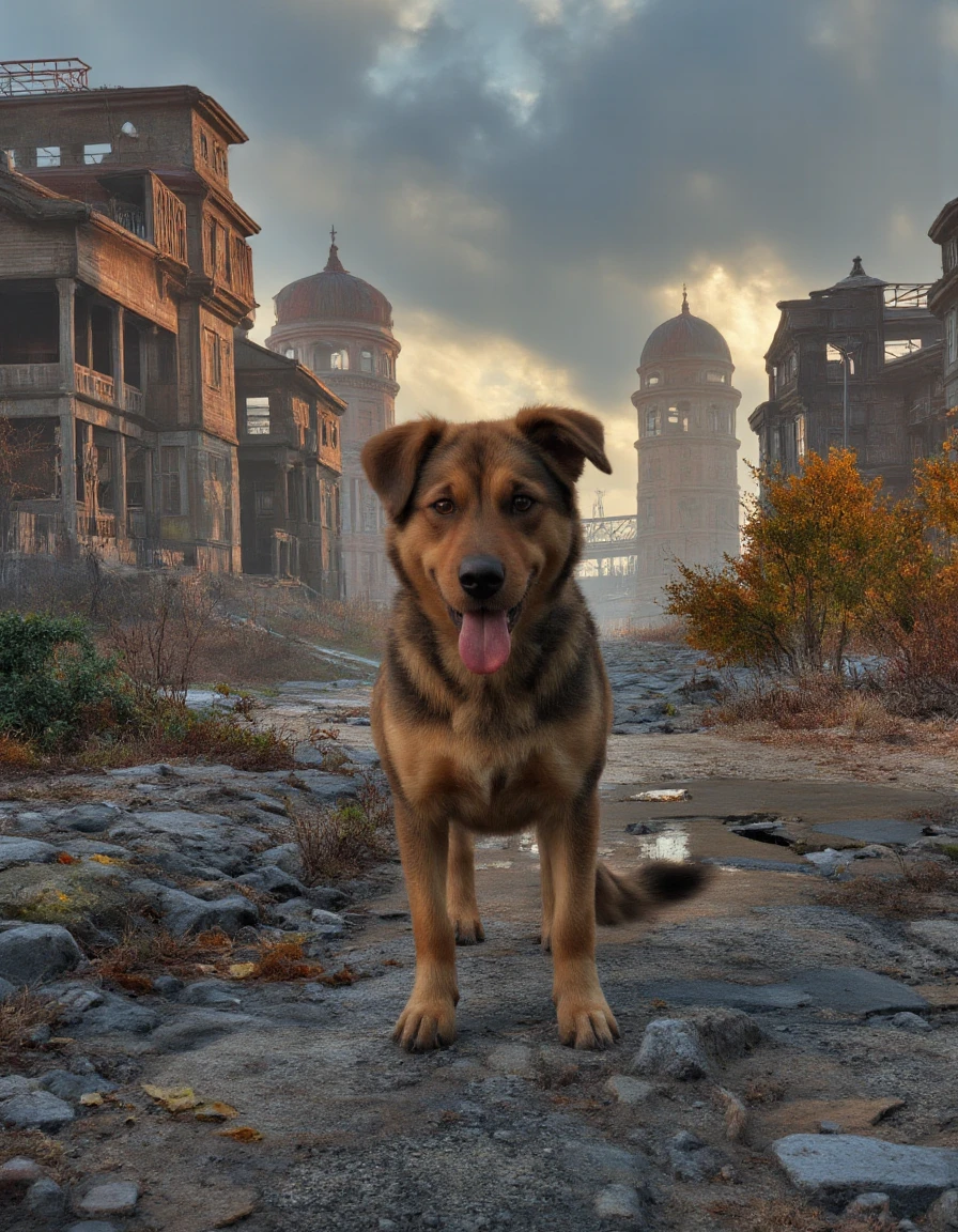 <lora:Fallout_4_flux-000010:1>,the image features a dog in a post apocalyptic, dystopian cityscape,