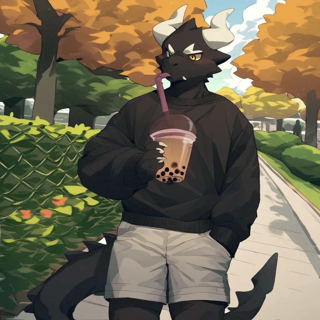 score_9_up, score_8_up, score_7_up, source_furry, mikus-kounfuyu, black dragon, black body, white horns, yellow eyes, park, holding, bubble tea, black sweater, gray shorts, 1boy, solo